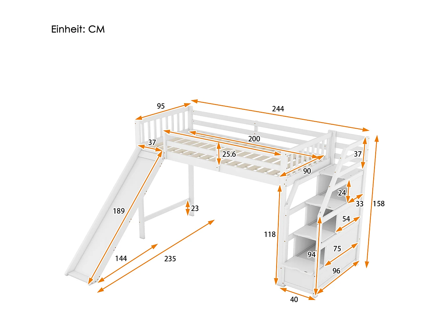 Letto a soppalco 90 x 200 cm con 3 cassetti e scivolo - legno di pino + MDF - rete a doghe - bianco
