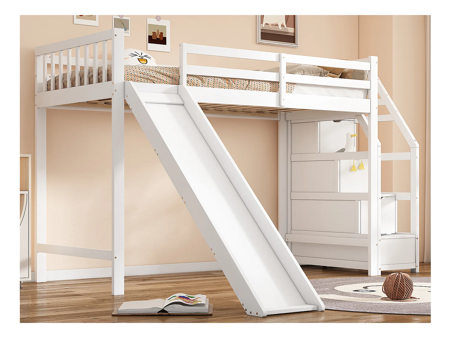 Lit mezzanine 90 x 200 cm avec 3 tiroirs et toboggan - bois de pin + MDF - sommier à lattes - blanc