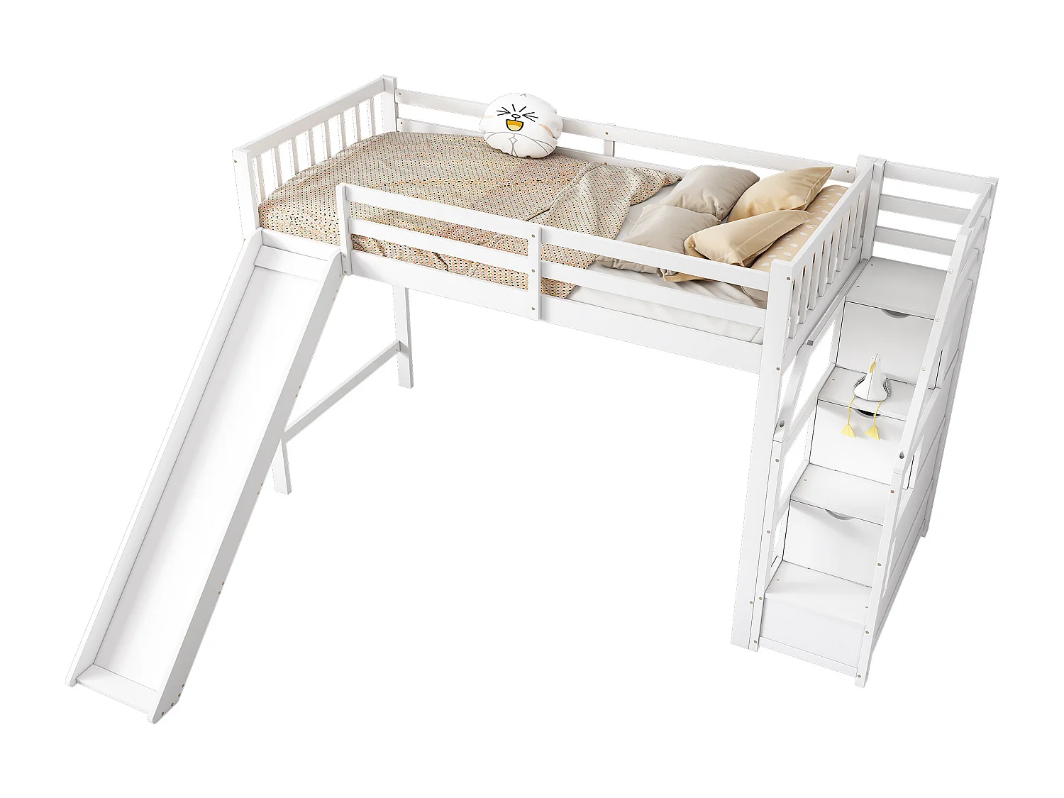 Letto a soppalco 90 x 200 cm con 3 cassetti e scivolo - legno di pino + MDF - rete a doghe - bianco