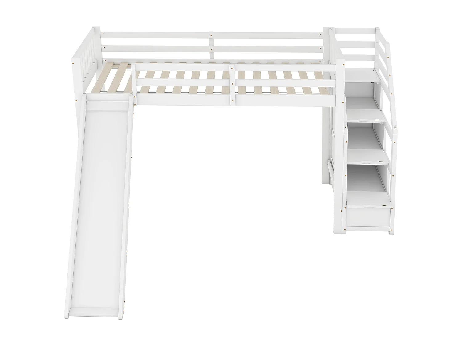 Letto a soppalco 90 x 200 cm con 3 cassetti e scivolo - legno di pino + MDF - rete a doghe - bianco