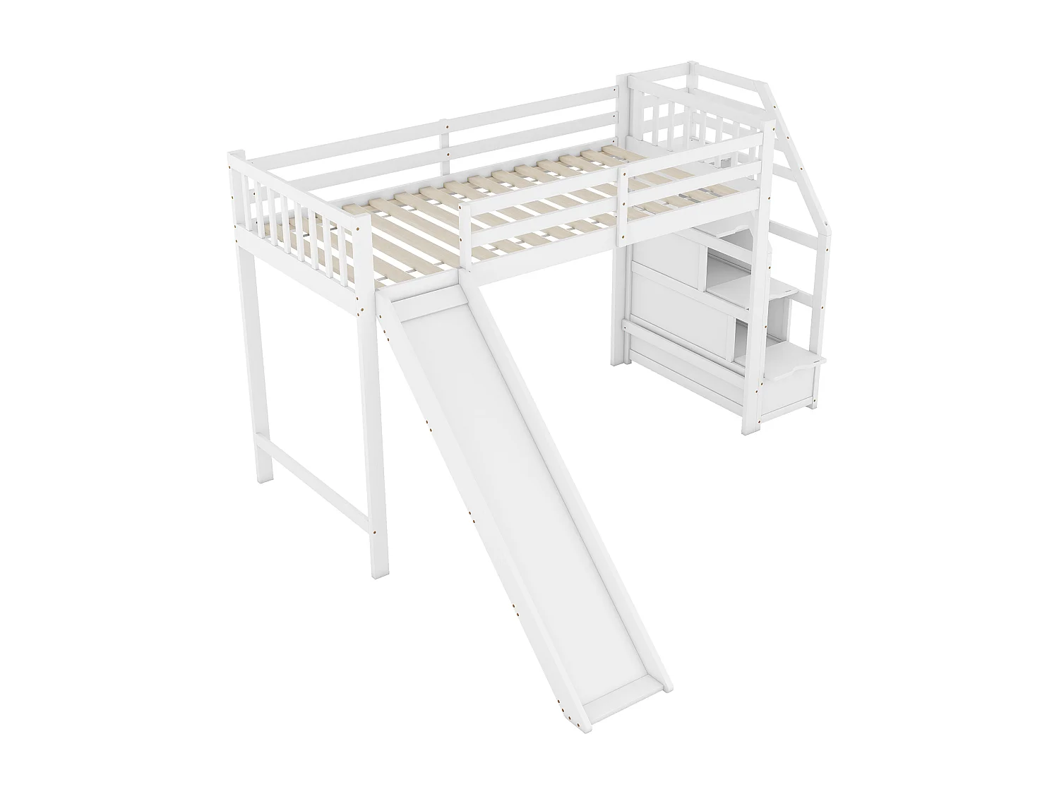 Letto a soppalco 90 x 200 cm con 3 cassetti e scivolo - legno di pino + MDF - rete a doghe - bianco