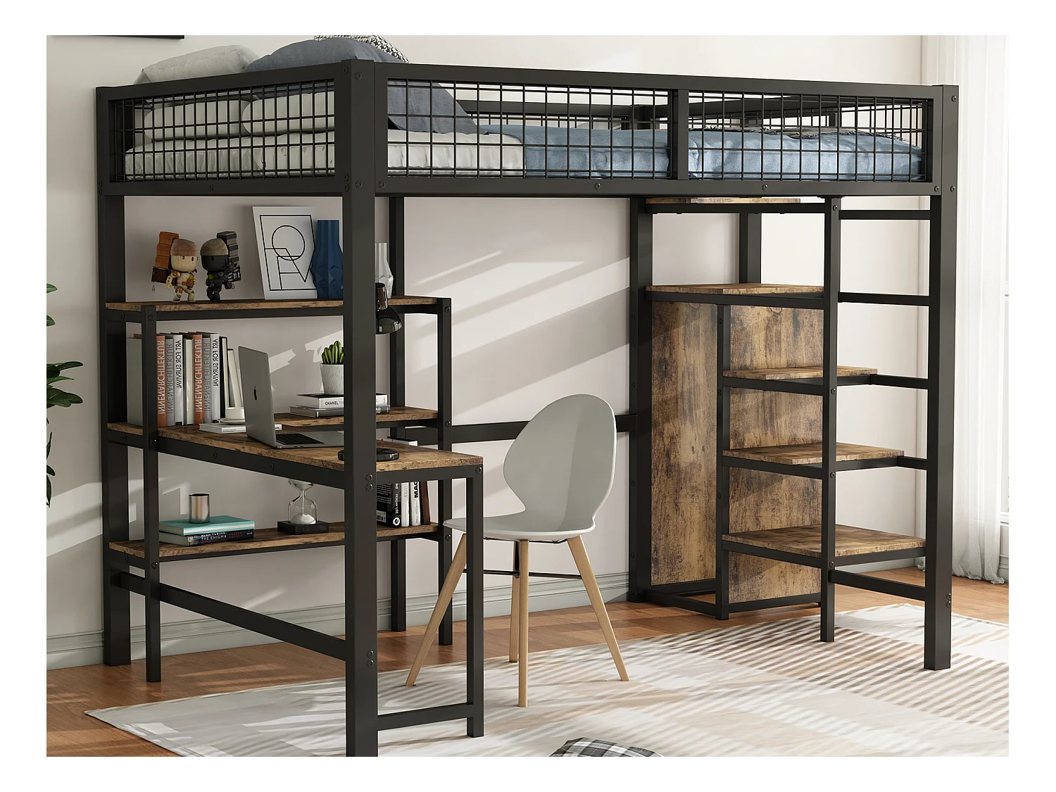 Lit mezzanine 140 x 200 cm avec bureau, étagères et armoire - Métal + MDF - Sommier à lattes - noir + marron