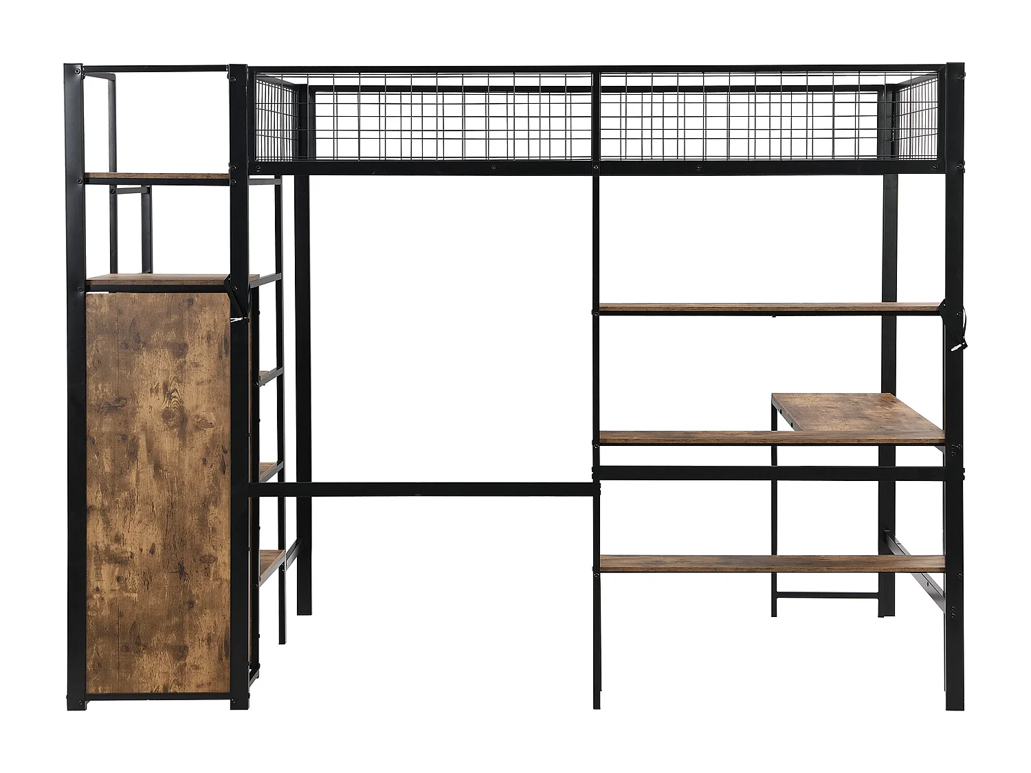 Hochbett 140 x 200 cm mit Schreibtisch, Regalen und Kleiderschrank – Metall + MDF – Lattenrost – Schwarz + Braun