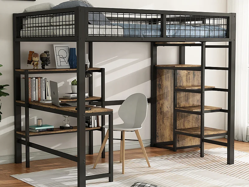 Letto a soppalco 140 x 200 cm con scrivania, ripiani e armadio - Metallo + MDF - Rete a doghe - nero + marrone