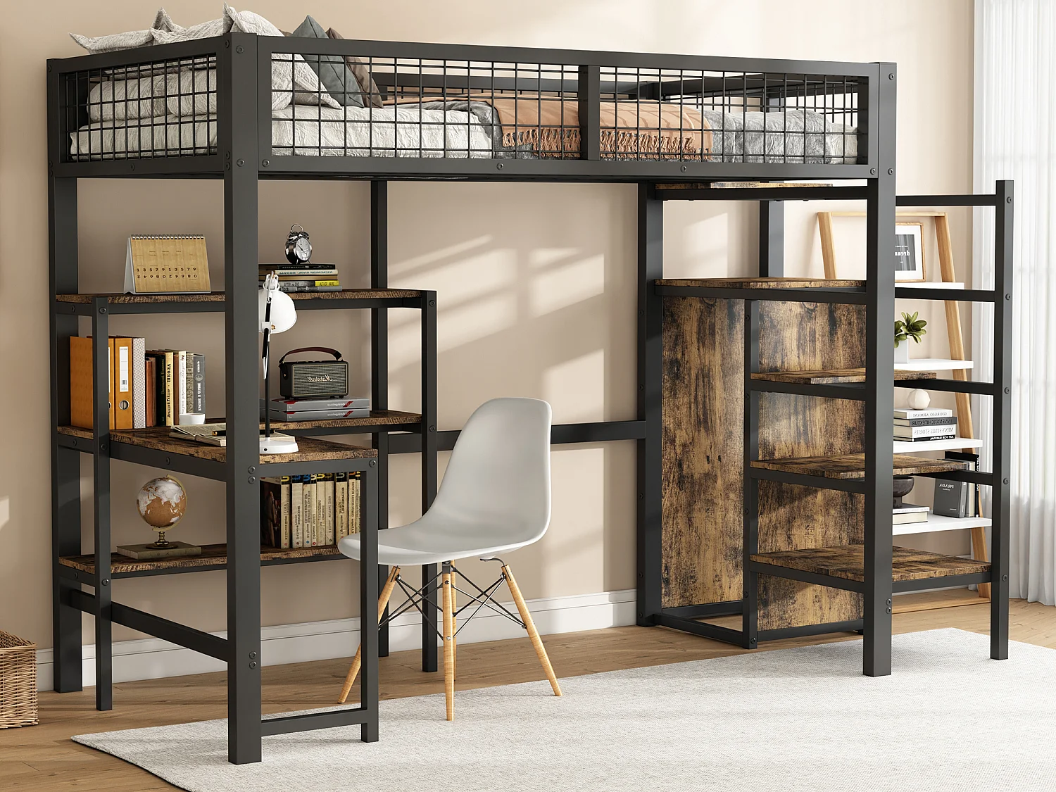 Hoogslaper 90 x 200 cm met bureau, planken en kledingkast - Metaal + MDF - Lattenbodem - zwart + bruin