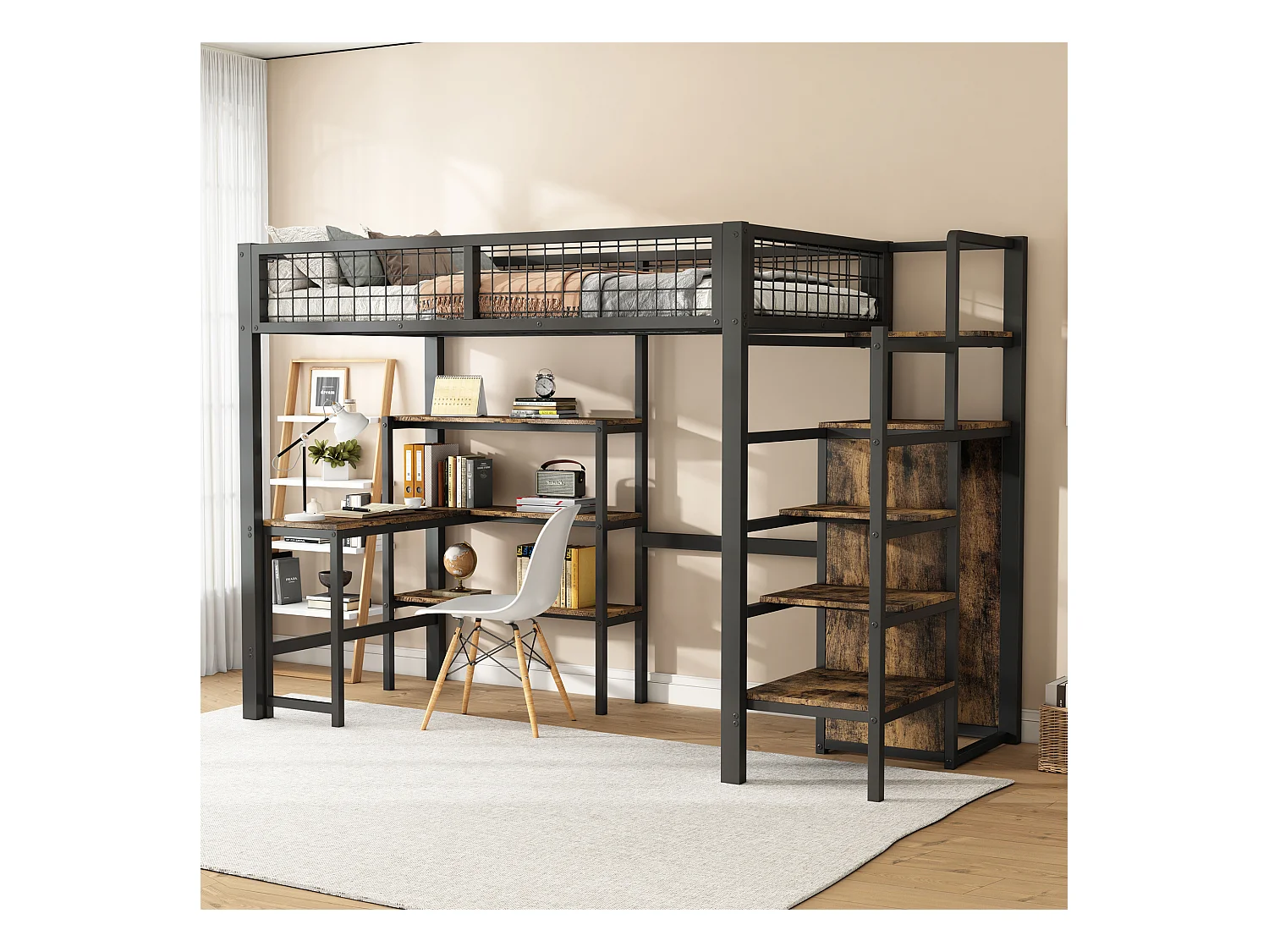 Hoogslaper 90 x 200 cm met bureau, planken en kledingkast - Metaal + MDF - Lattenbodem - zwart + bruin