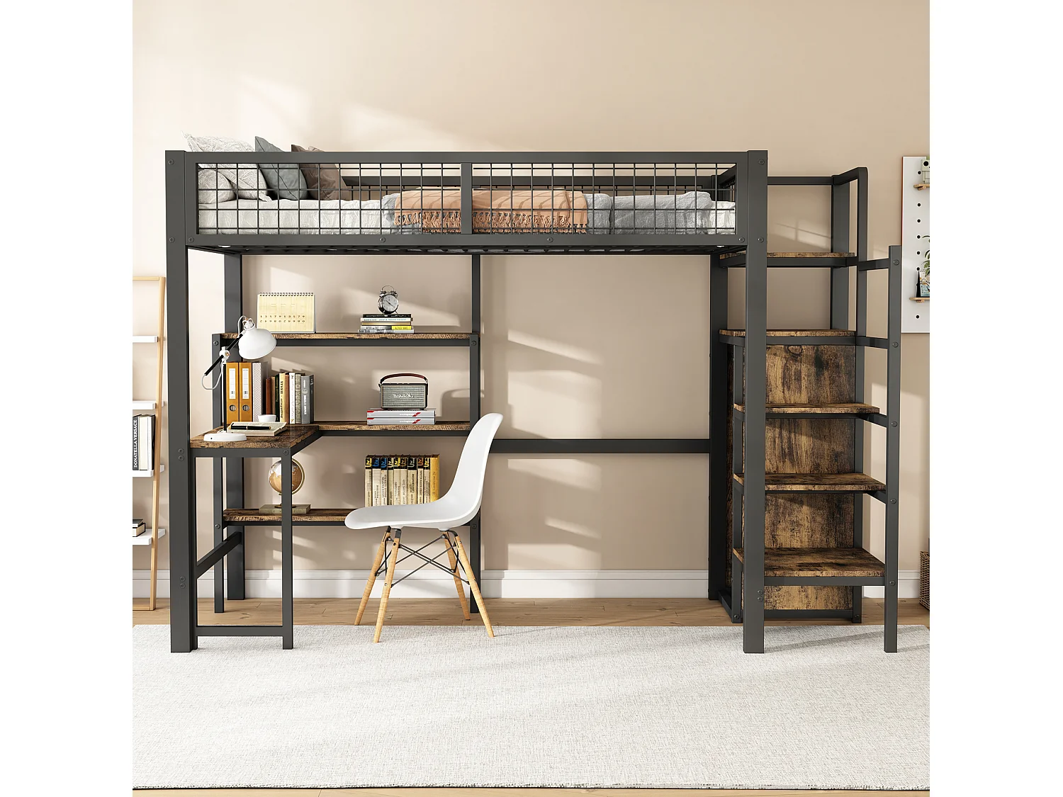 Hoogslaper 90 x 200 cm met bureau, planken en kledingkast - Metaal + MDF - Lattenbodem - zwart + bruin