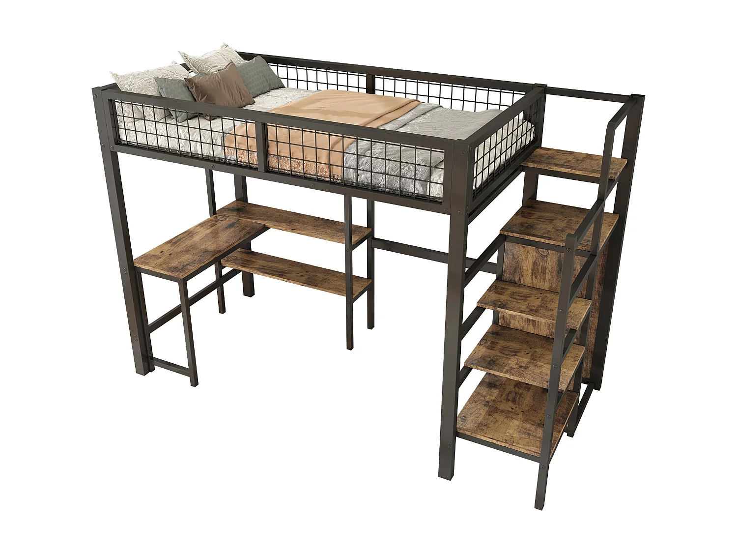 Hoogslaper 90 x 200 cm met bureau, planken en kledingkast - Metaal + MDF - Lattenbodem - zwart + bruin