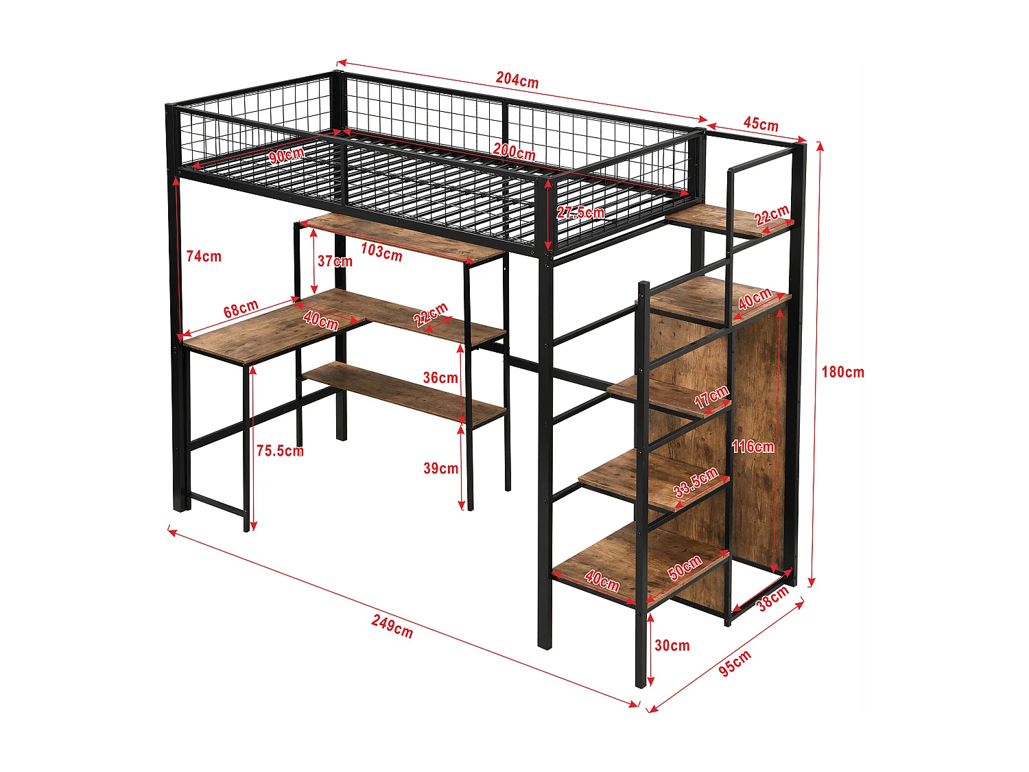 Hoogslaper 90 x 200 cm met bureau, planken en kledingkast - Metaal + MDF - Lattenbodem - zwart + bruin