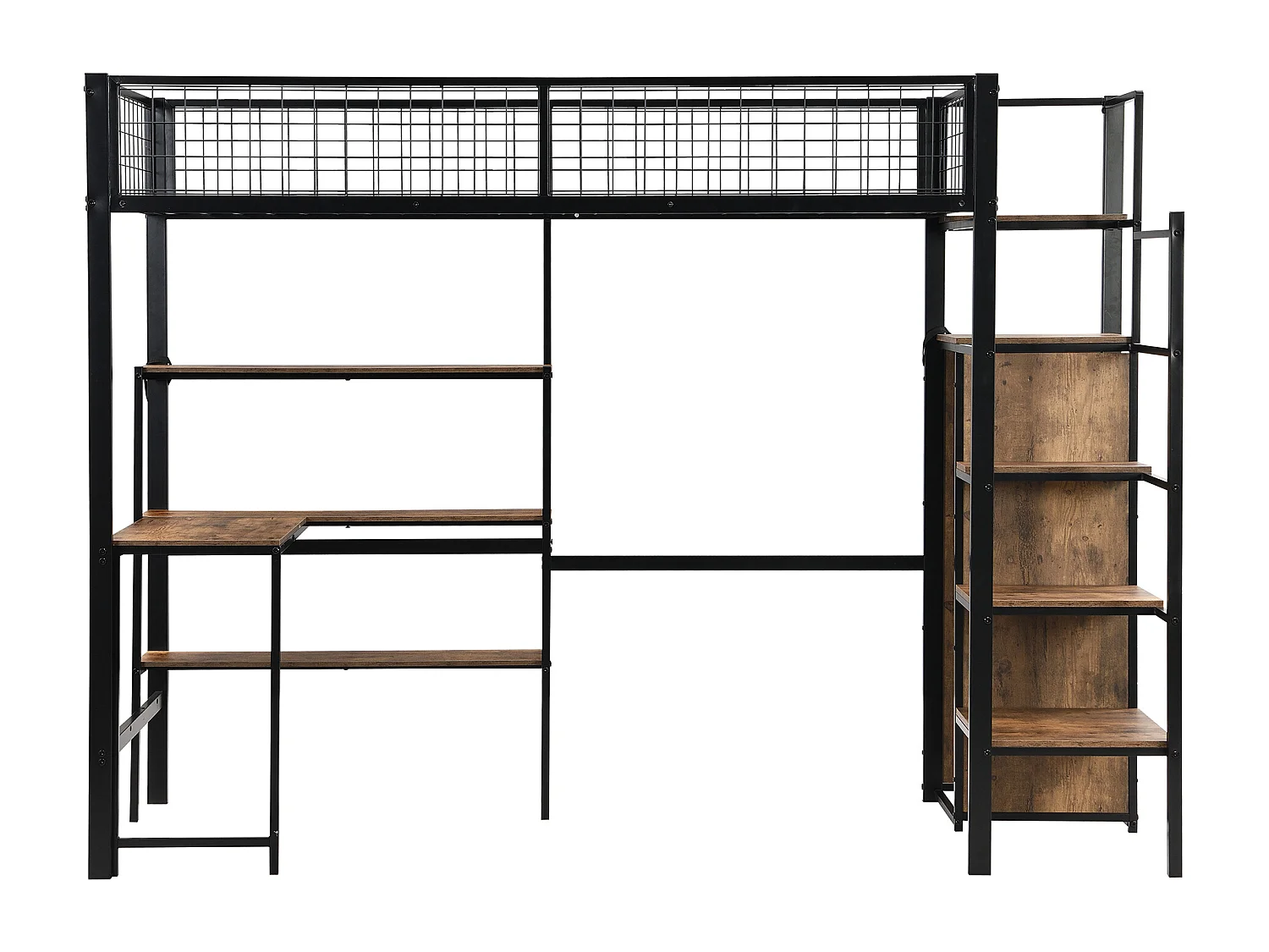 Hoogslaper 90 x 200 cm met bureau, planken en kledingkast - Metaal + MDF - Lattenbodem - zwart + bruin