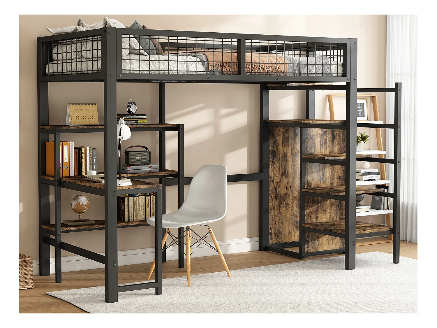 Lit mezzanine 90 x 200 cm avec bureau, étagères et armoire - Métal + MDF - Sommier à lattes - noir + marron