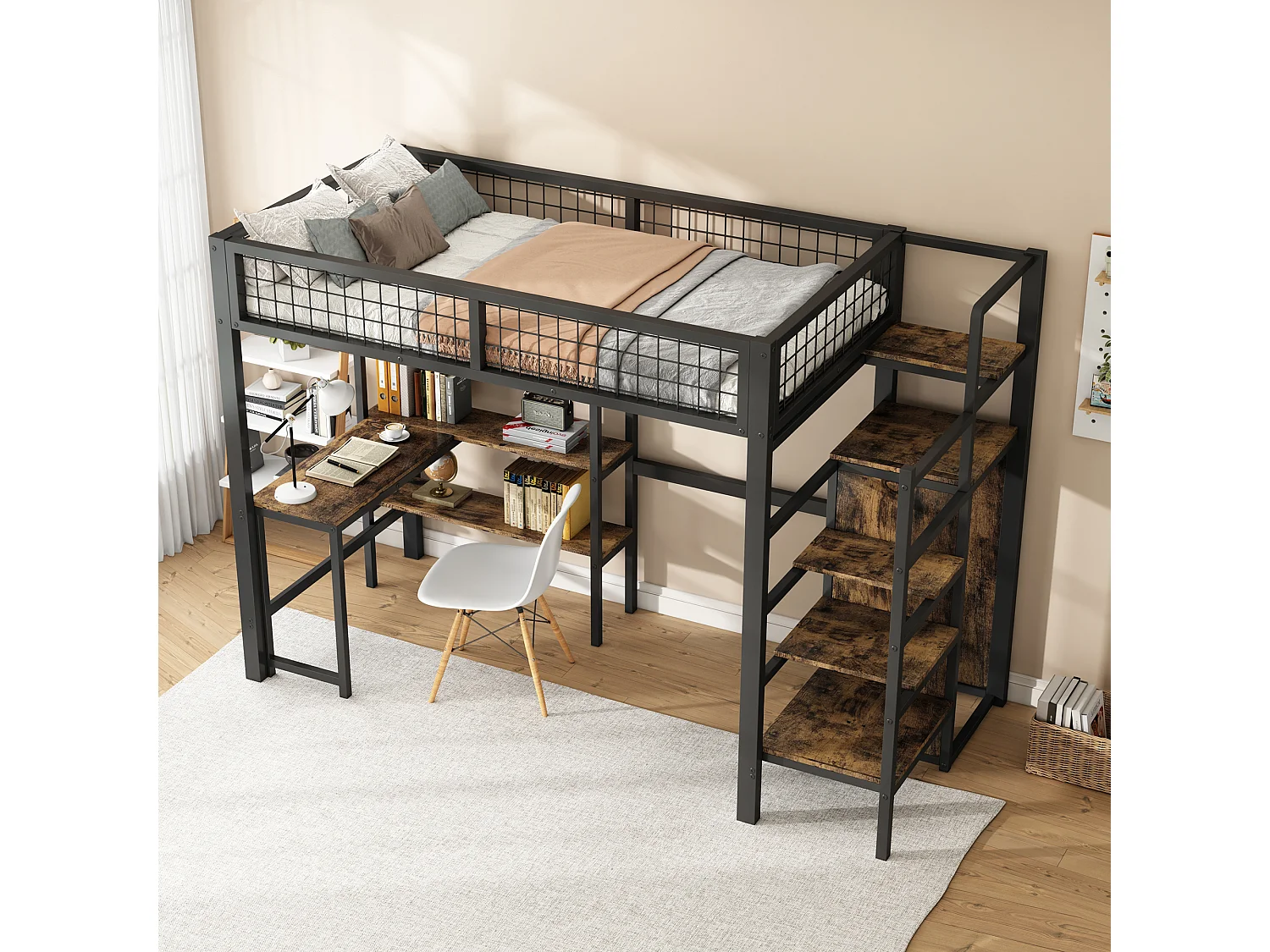 Hoogslaper 90 x 200 cm met bureau, planken en kledingkast - Metaal + MDF - Lattenbodem - zwart + bruin