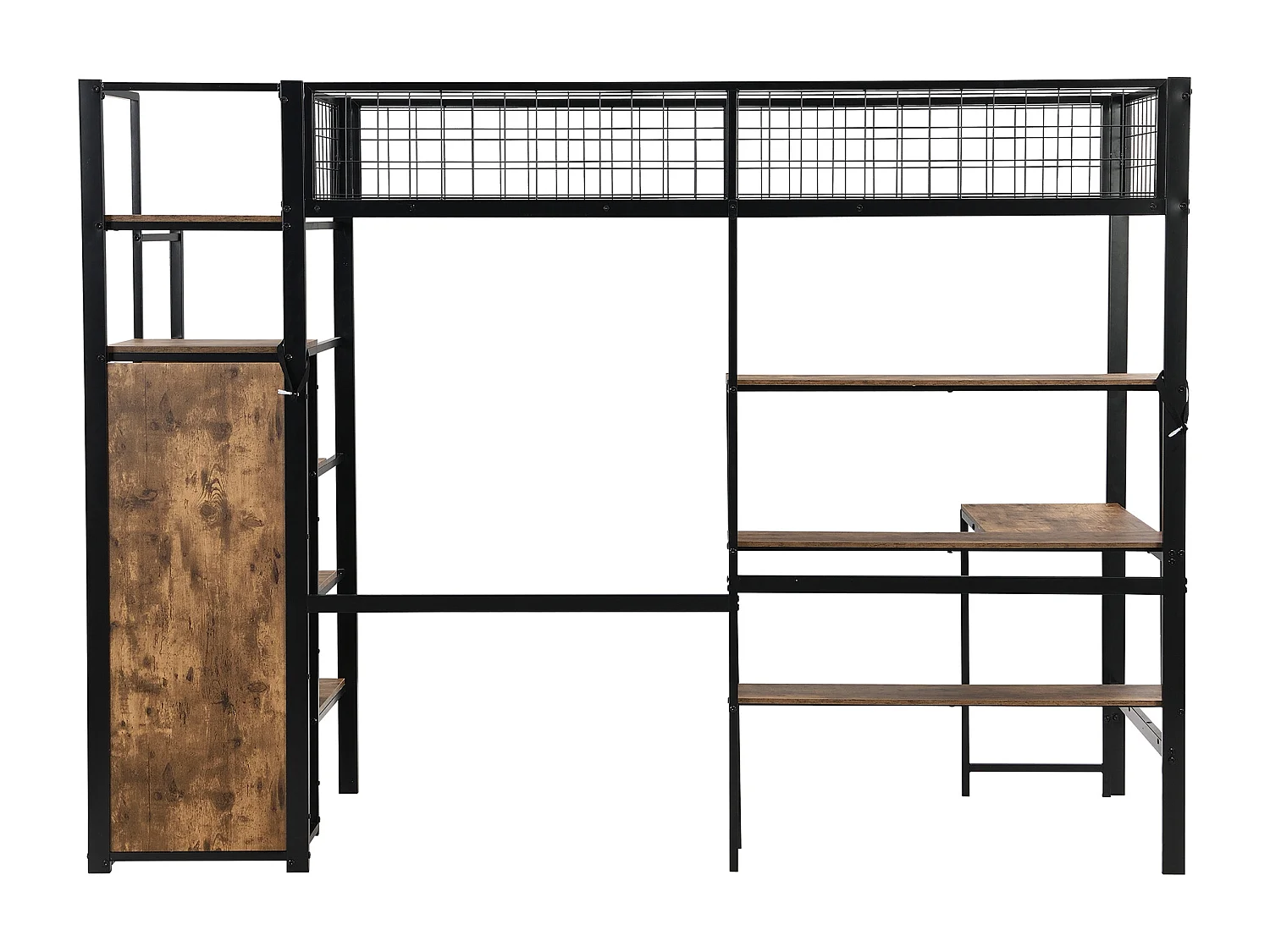 Hoogslaper 90 x 200 cm met bureau, planken en kledingkast - Metaal + MDF - Lattenbodem - zwart + bruin