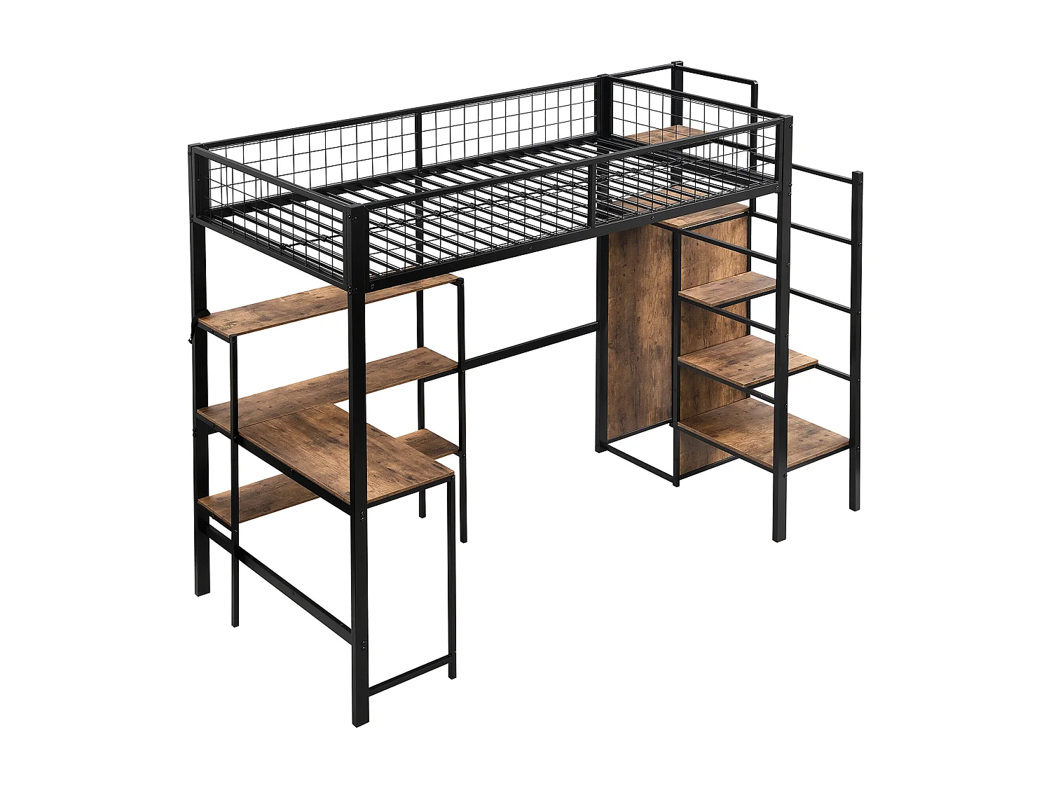 Hoogslaper 90 x 200 cm met bureau, planken en kledingkast - Metaal + MDF - Lattenbodem - zwart + bruin