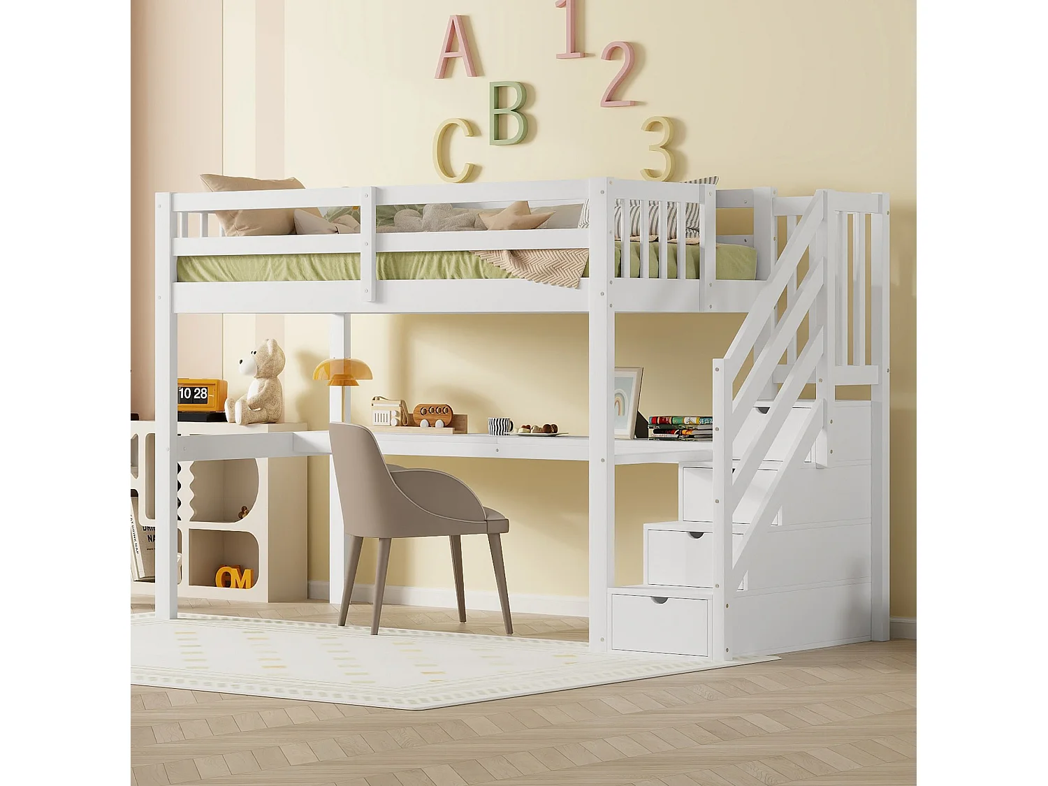 Letto a soppalco 90 x 200 cm con scrivania e 4 cassetti - legno di pino + MDF - rete a doghe - bianco