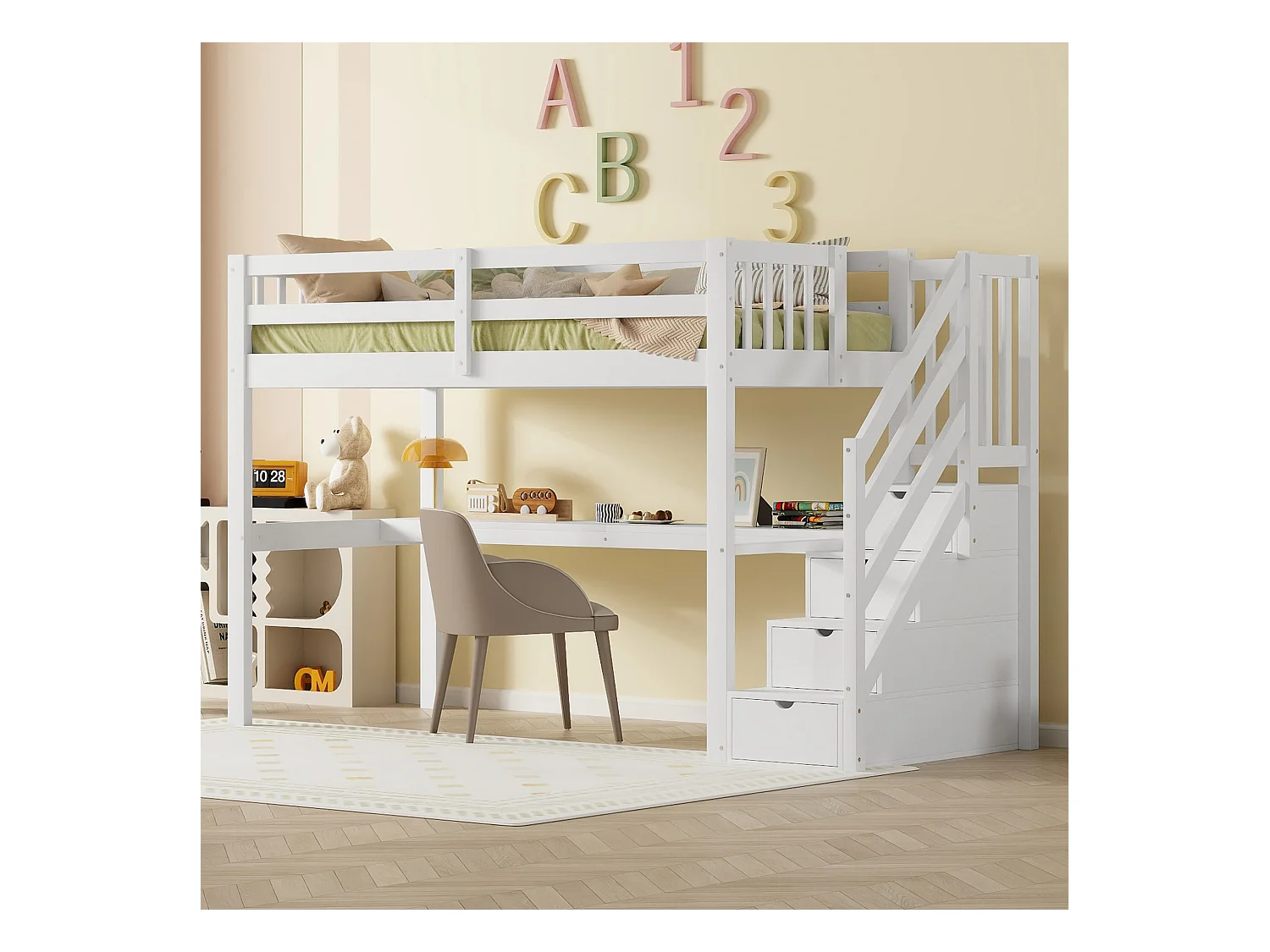 Mezzaninebed 90 x 200 cm met bureau en 4 lades - grenenhout + MDF - lattenbodem - wit