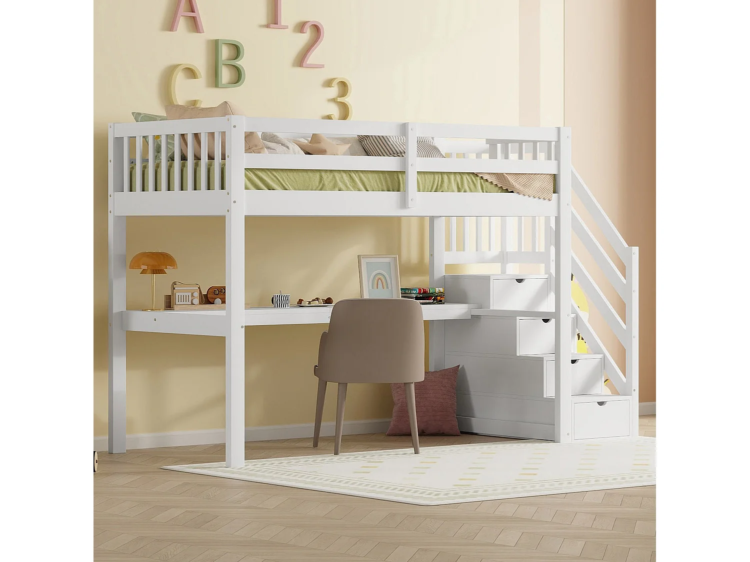 90 x 200 cm Hochbett mit Schreibtisch und 4 Schubladen – Kiefernholz + MDF – Lattenrost – weiß