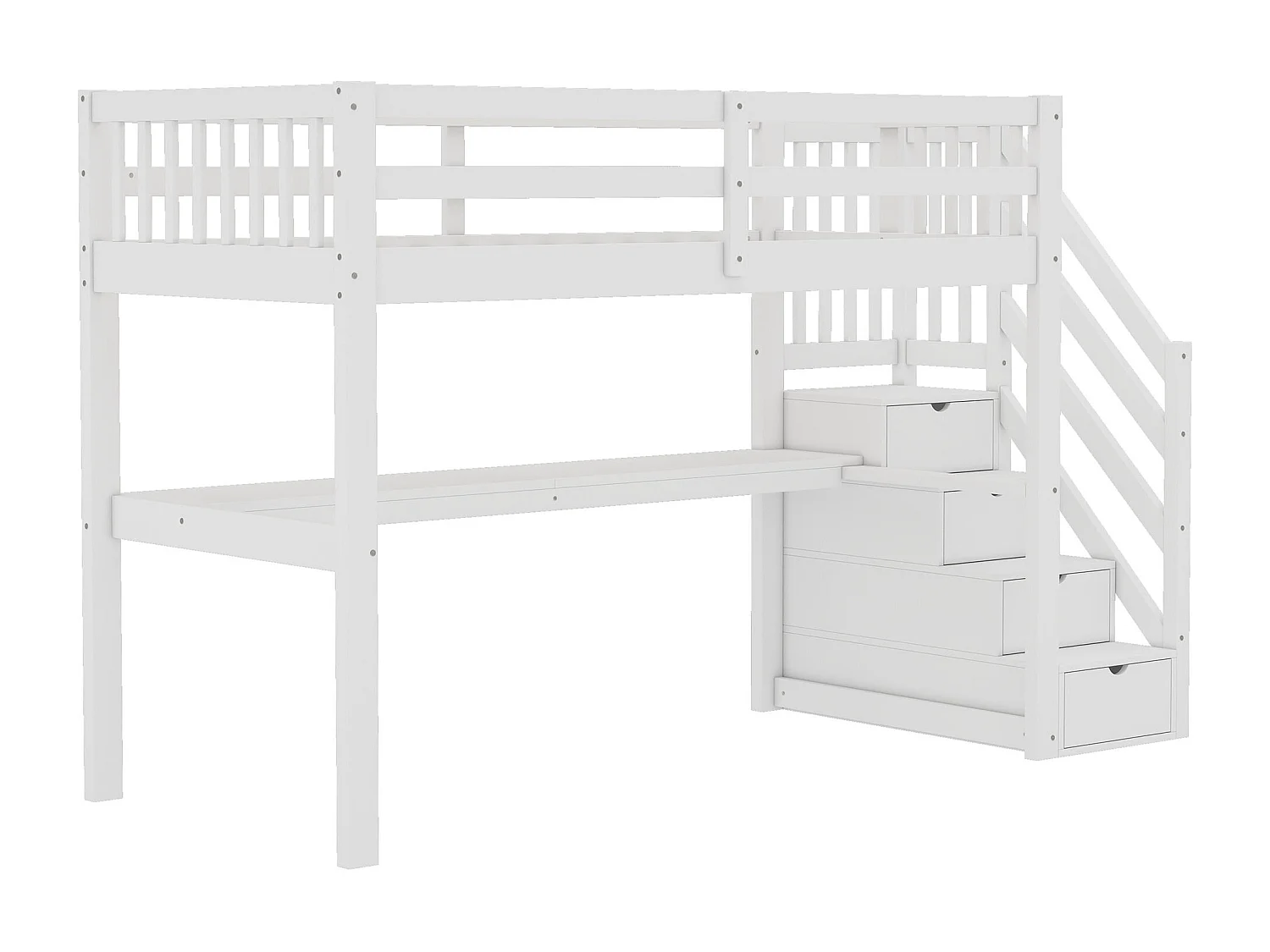 90 x 200 cm Hochbett mit Schreibtisch und 4 Schubladen – Kiefernholz + MDF – Lattenrost – weiß