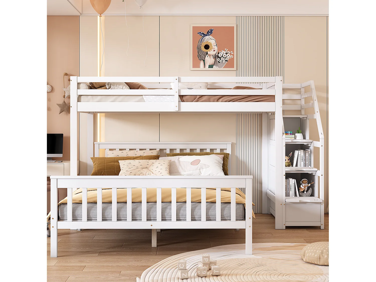 Lits superposés 140 x 200 cm + 90 x 200 cm avec 2 tiroirs + échelle - bois de pin et MDF - blanc