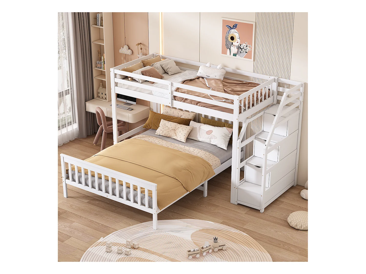 Lits superposés 140 x 200 cm + 90 x 200 cm avec 2 tiroirs + échelle - bois de pin et MDF - blanc