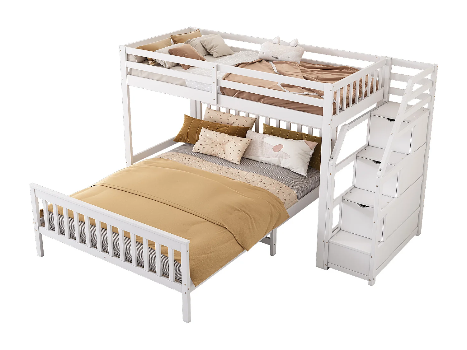 Lits superposés 140 x 200 cm + 90 x 200 cm avec 2 tiroirs + échelle - bois de pin et MDF - blanc