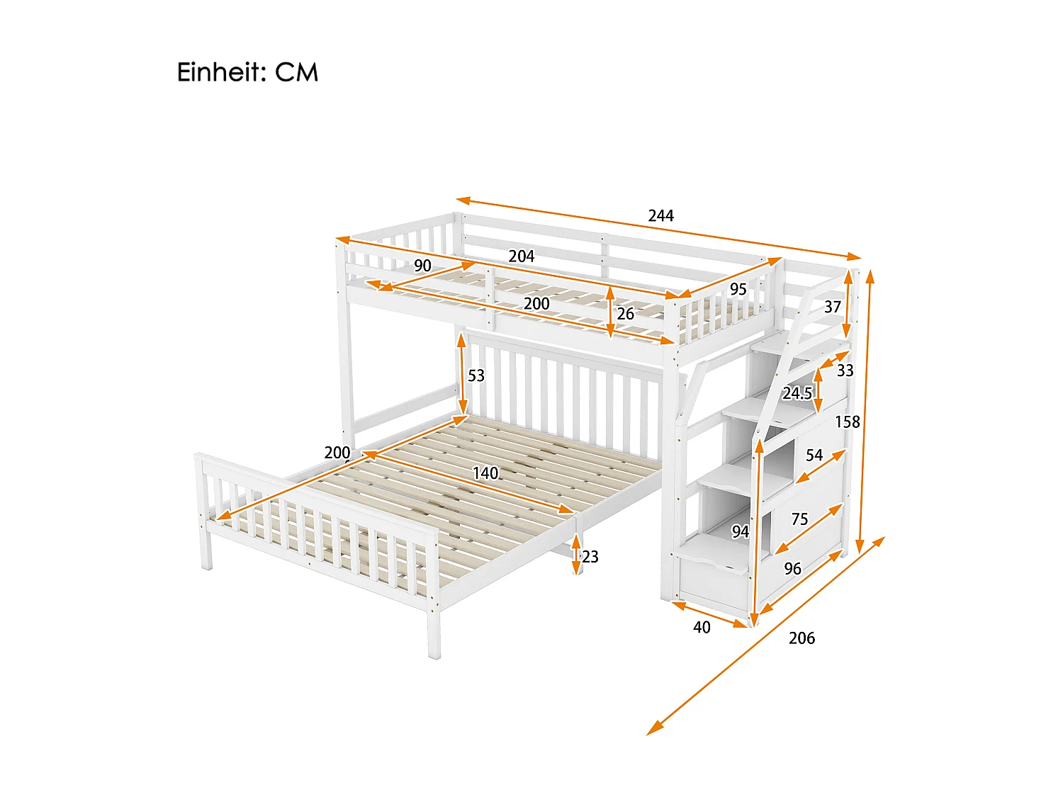 Lits superposés 140 x 200 cm + 90 x 200 cm avec 2 tiroirs + échelle - bois de pin et MDF - blanc