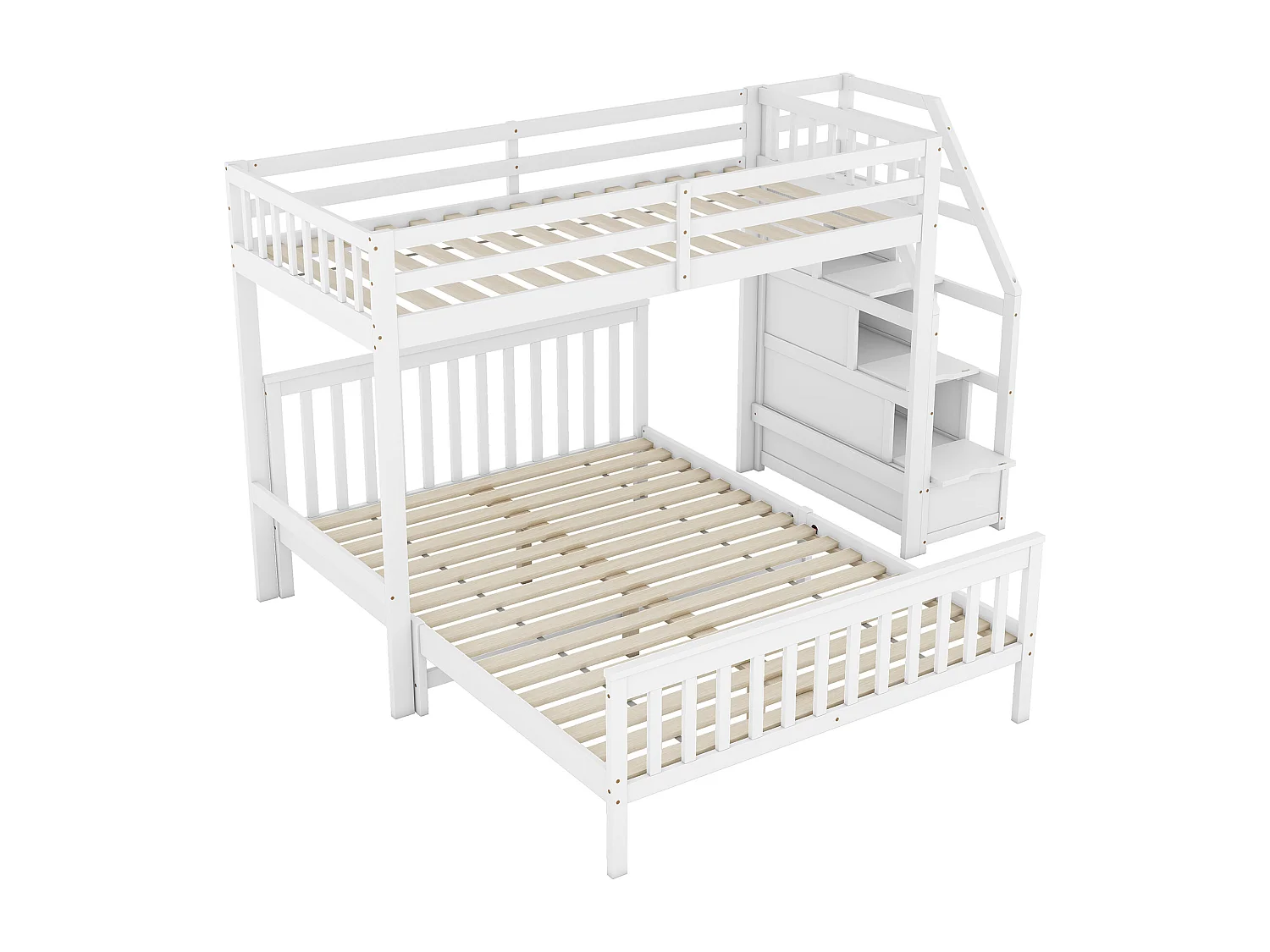 Lits superposés 140 x 200 cm + 90 x 200 cm avec 2 tiroirs + échelle - bois de pin et MDF - blanc