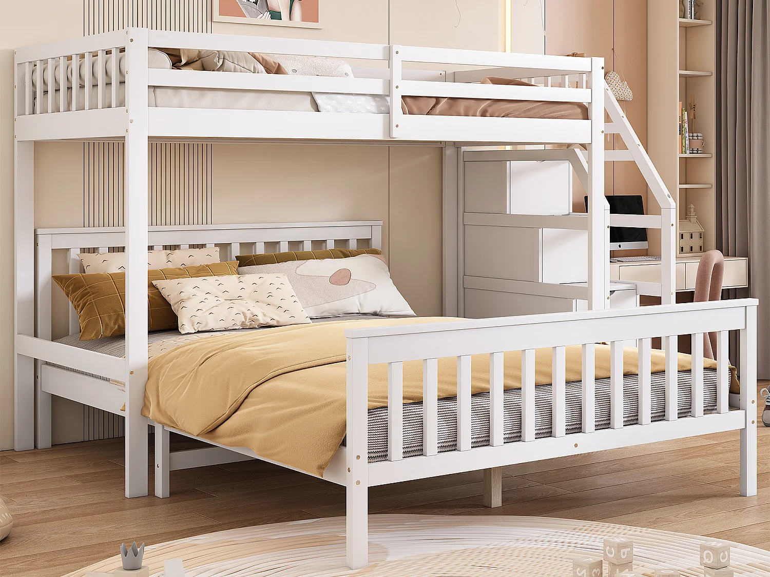 Lits superposés 140 x 200 cm + 90 x 200 cm avec 2 tiroirs + échelle - bois de pin et MDF - blanc