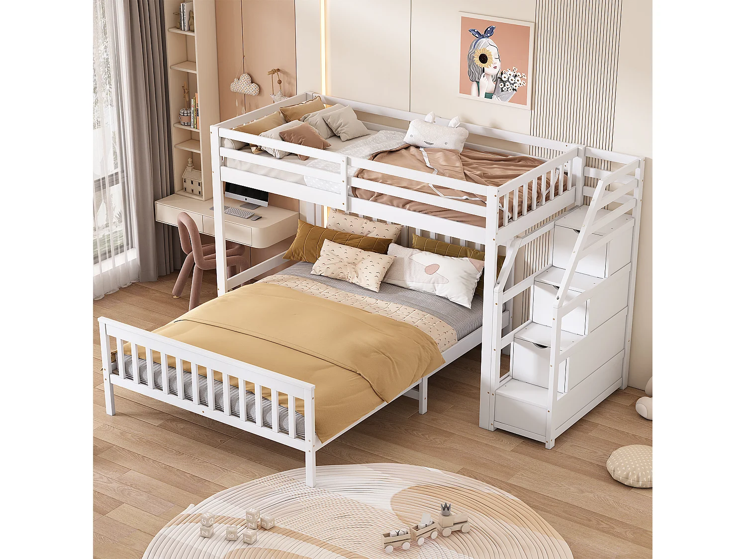 Lits superposés 140 x 200 cm + 90 x 200 cm avec 2 tiroirs + échelle - bois de pin et MDF - blanc