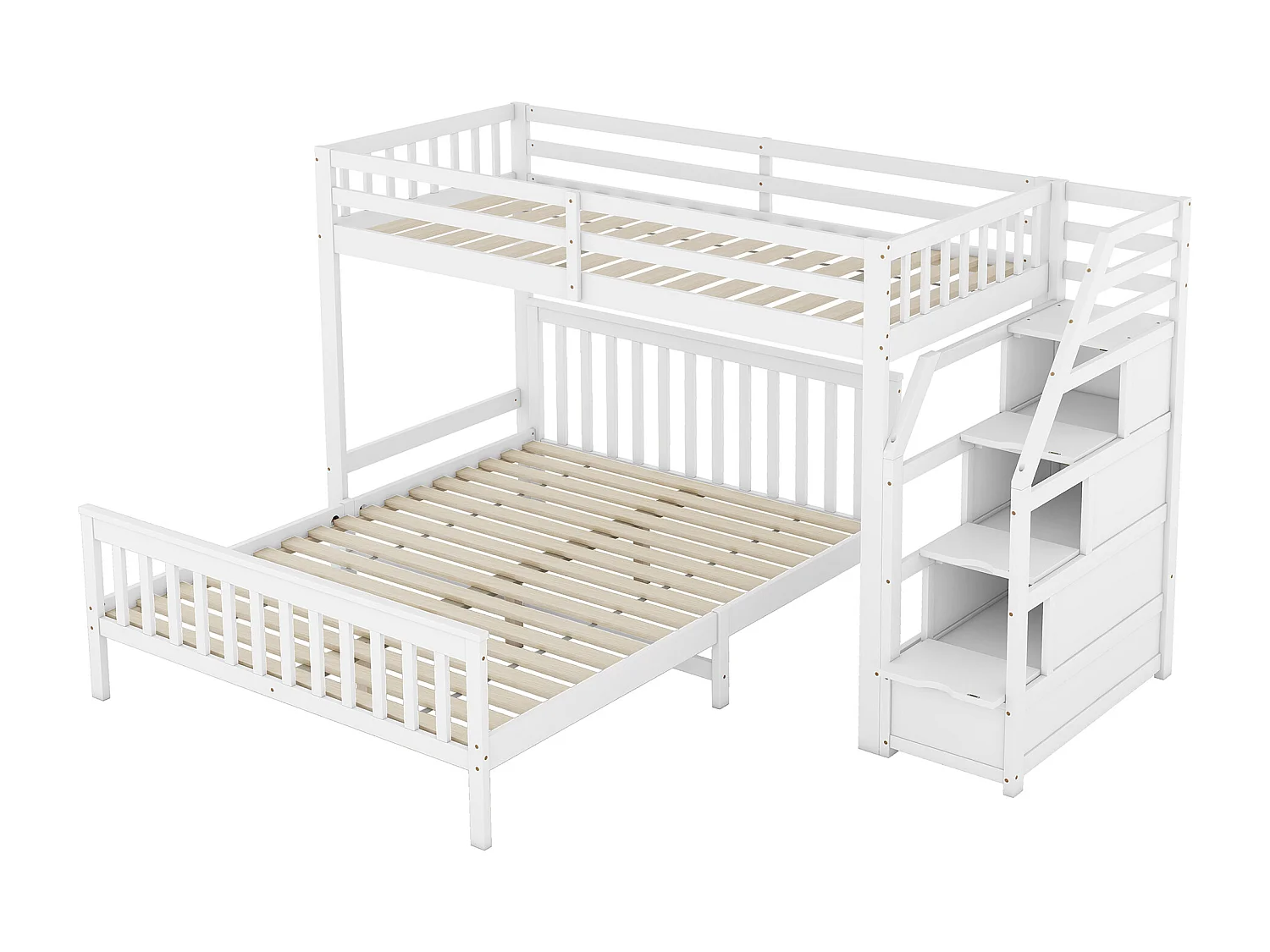 Lits superposés 140 x 200 cm + 90 x 200 cm avec 2 tiroirs + échelle - bois de pin et MDF - blanc