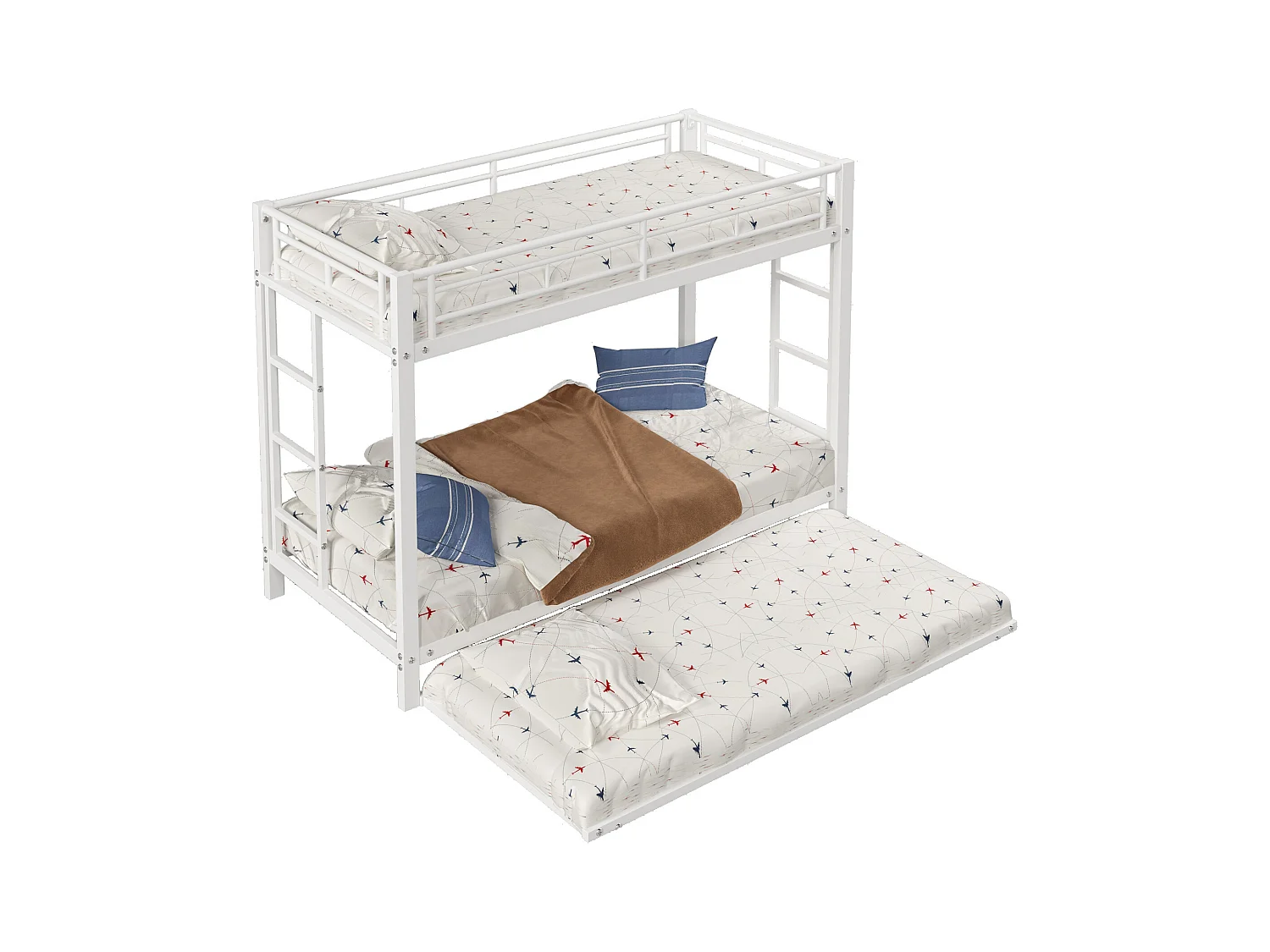 Stapelbedden 2 x 90 x 200 + onderschuifbed 90 x 190 - Metaal - Lattenbodem - Wit