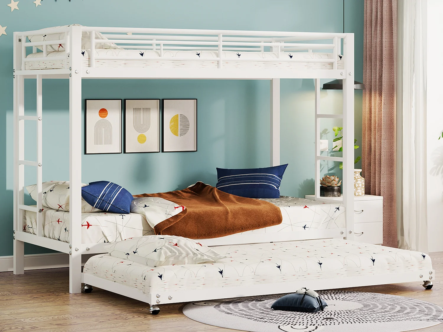 Letti a castello 2 x 90 x 200 + letto estraibile 90 x 190 - Metallo - Rete a doghe - Bianco