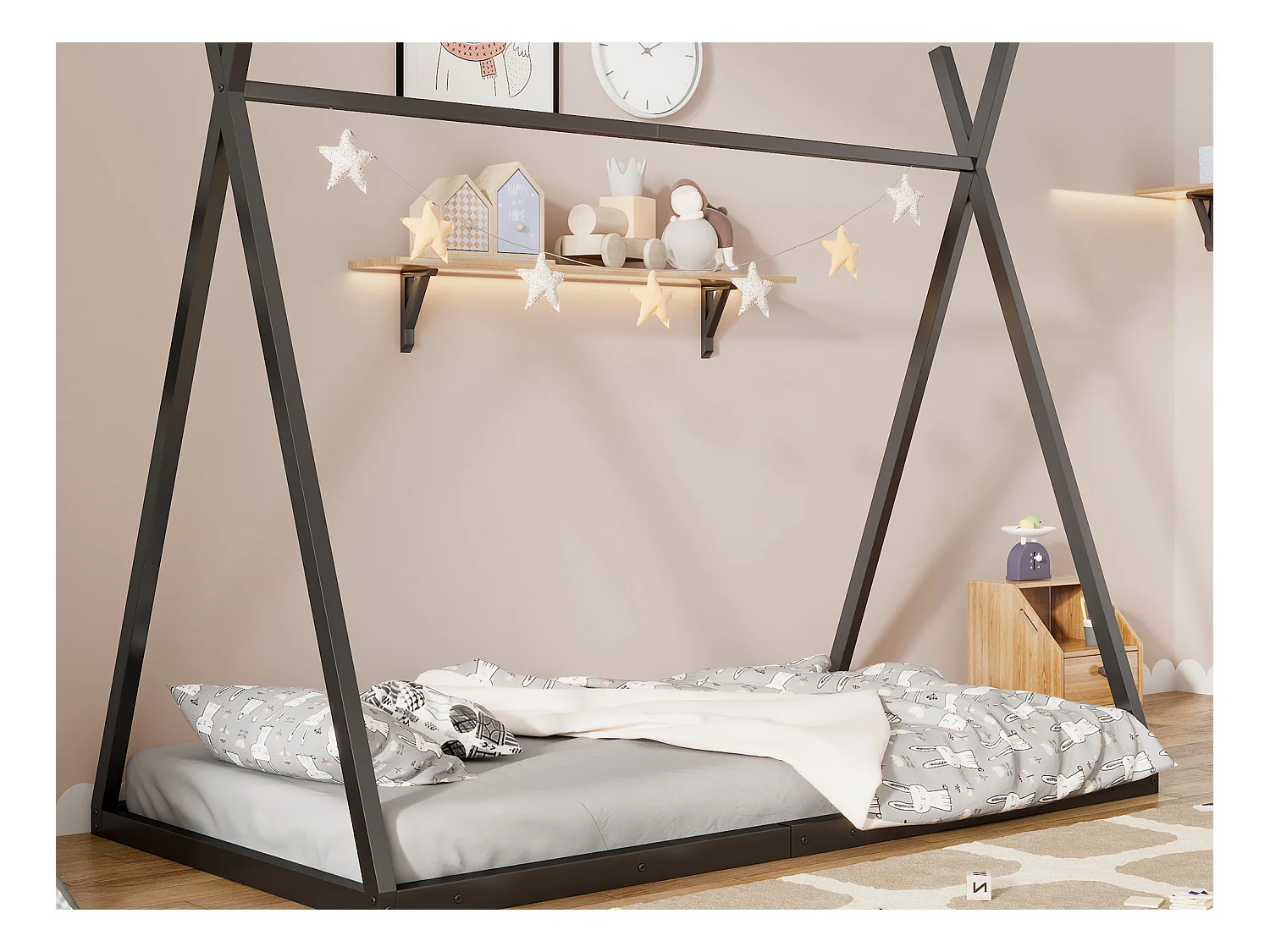 Lit tipi 90 x 200 cm en métal pour bébé - forme triangle - sommier à lattes - noir