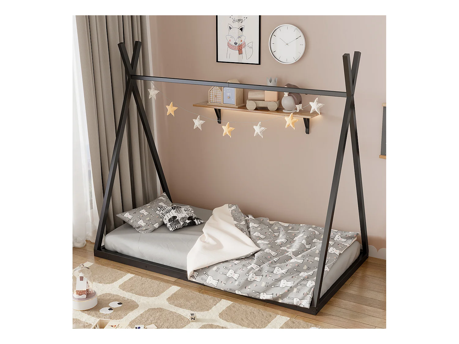 Tipi-Bett 90 x 200 cm aus Metall für Babys – Dreiecksform – Lattenrost – Schwarz