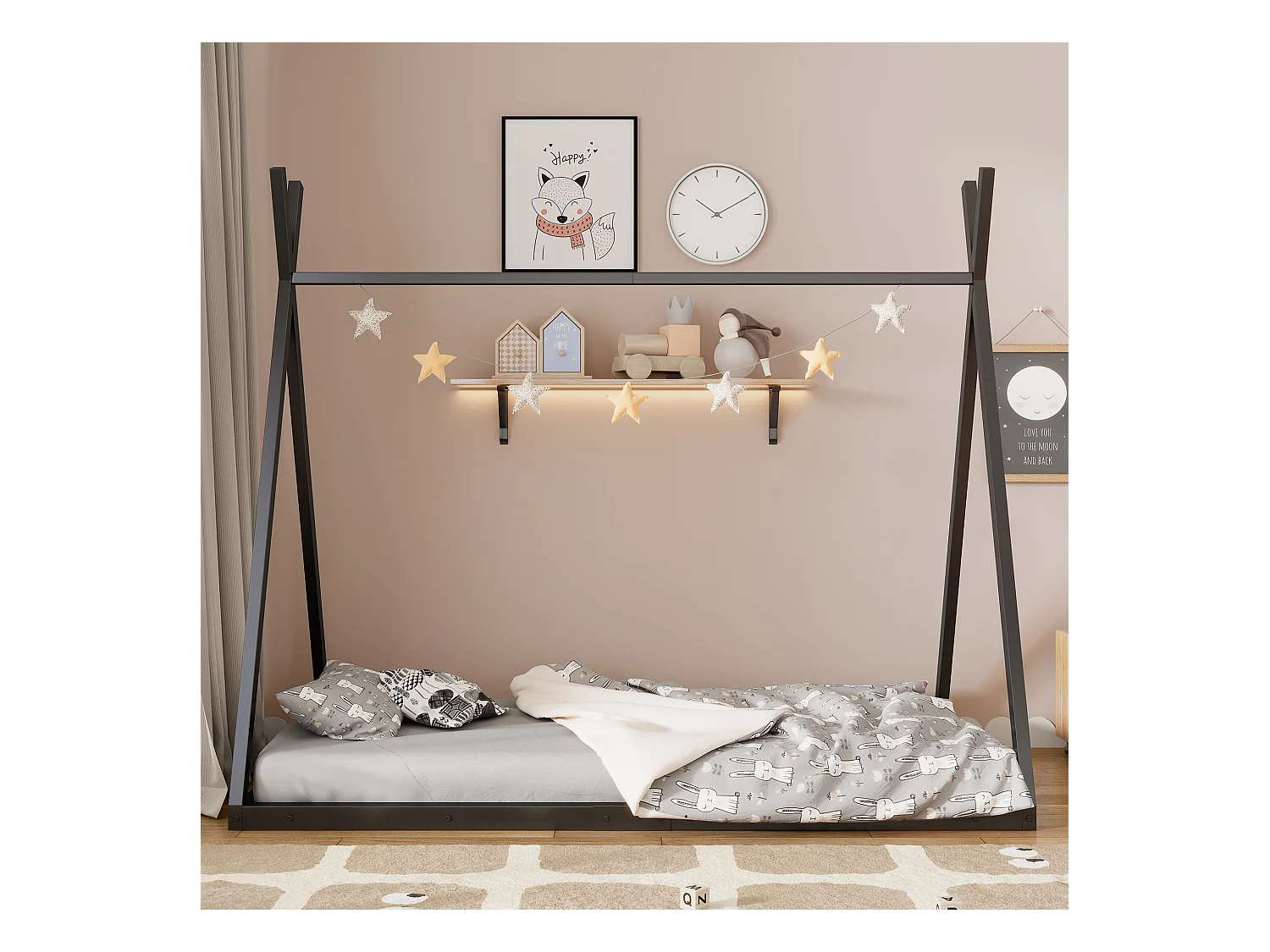 Tipi-Bett 90 x 200 cm aus Metall für Babys – Dreiecksform – Lattenrost – Schwarz