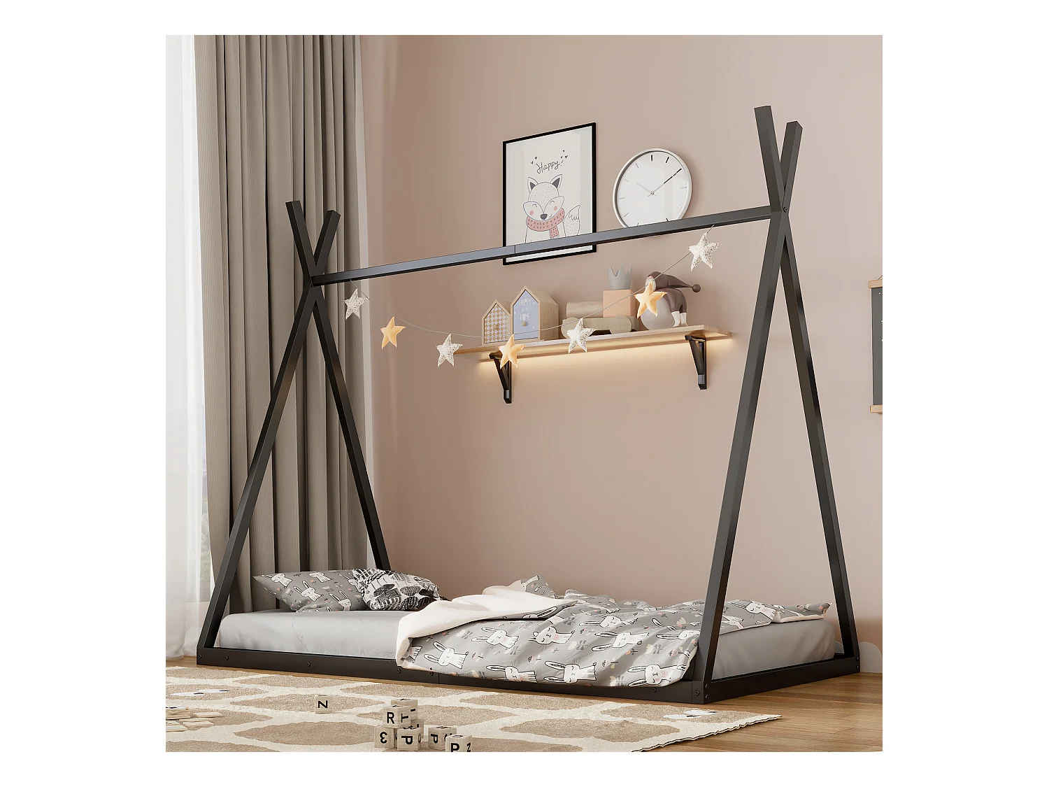 Tipi-Bett 90 x 200 cm aus Metall für Babys – Dreiecksform – Lattenrost – Schwarz