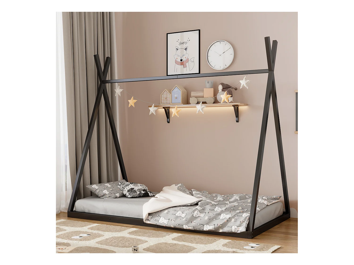 Tipi-Bett 90 x 200 cm aus Metall für Babys – Dreiecksform – Lattenrost – Schwarz