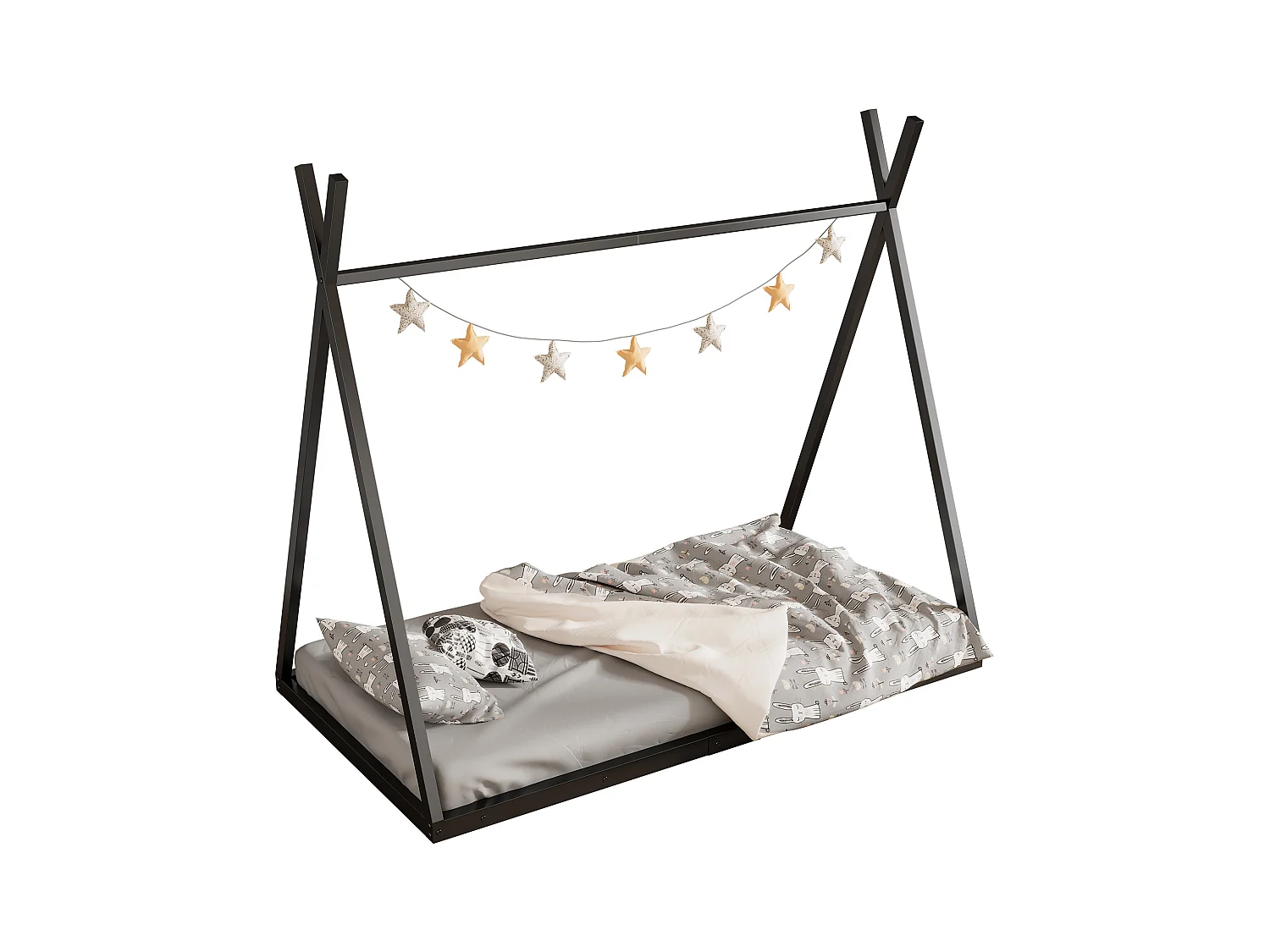 Tipi-Bett 90 x 200 cm aus Metall für Babys – Dreiecksform – Lattenrost – Schwarz