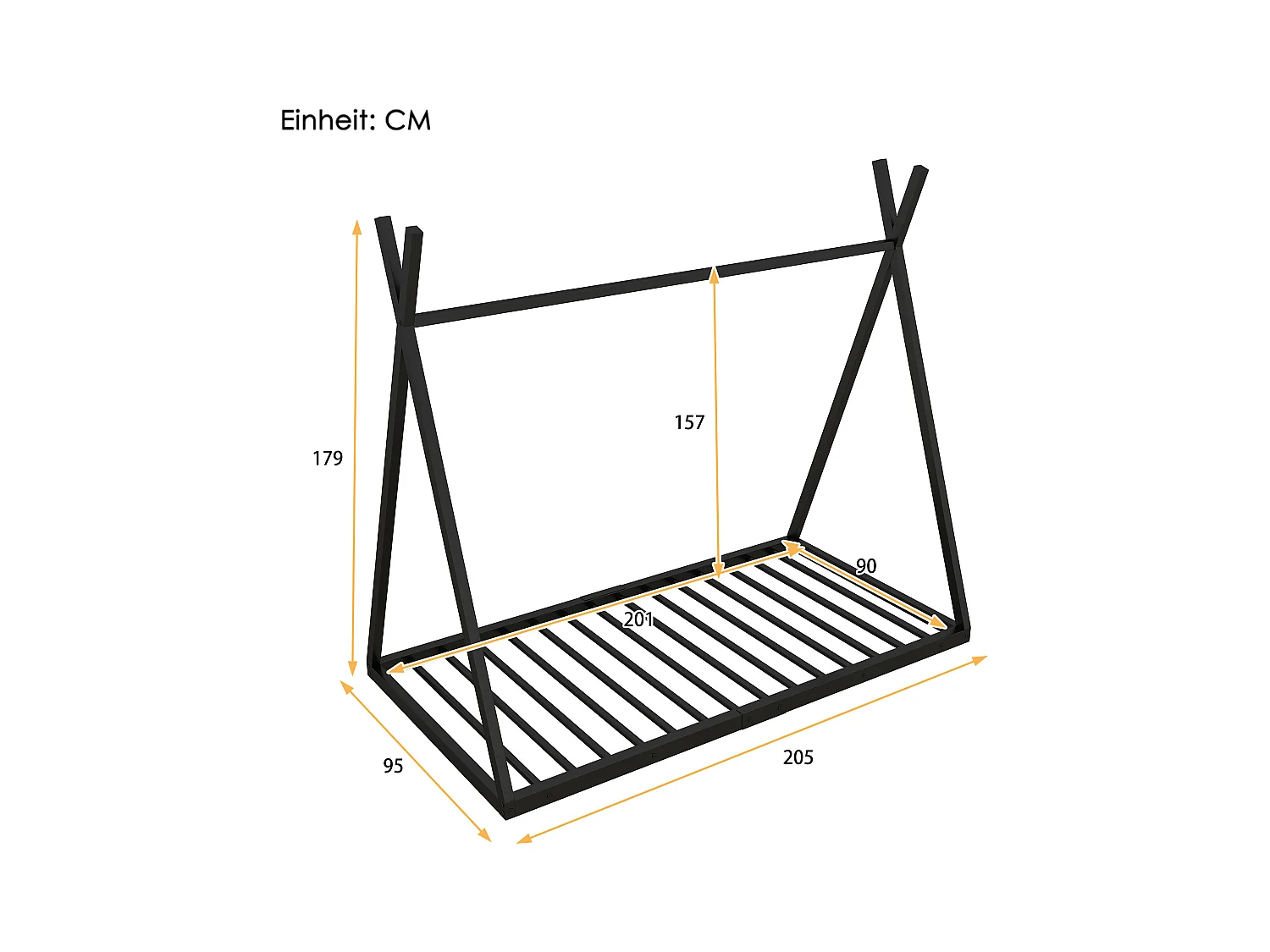 Tipi-Bett 90 x 200 cm aus Metall für Babys – Dreiecksform – Lattenrost – Schwarz