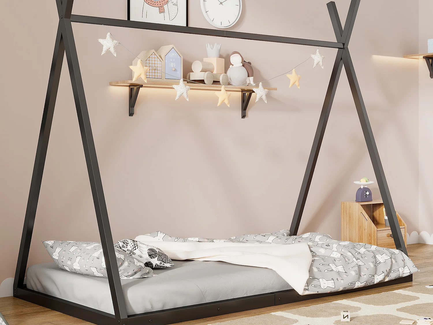 Tipi bed 90 x 200 cm in metaal voor baby's - driehoekige vorm - lattenbodem - zwart