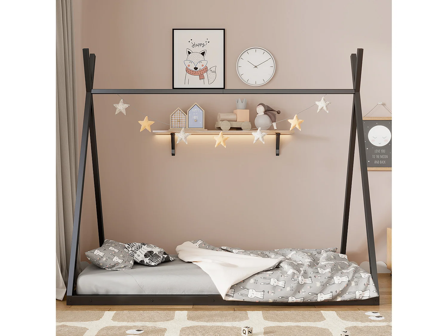 Tipi bed 90 x 200 cm in metaal voor baby's - driehoekige vorm - lattenbodem - zwart