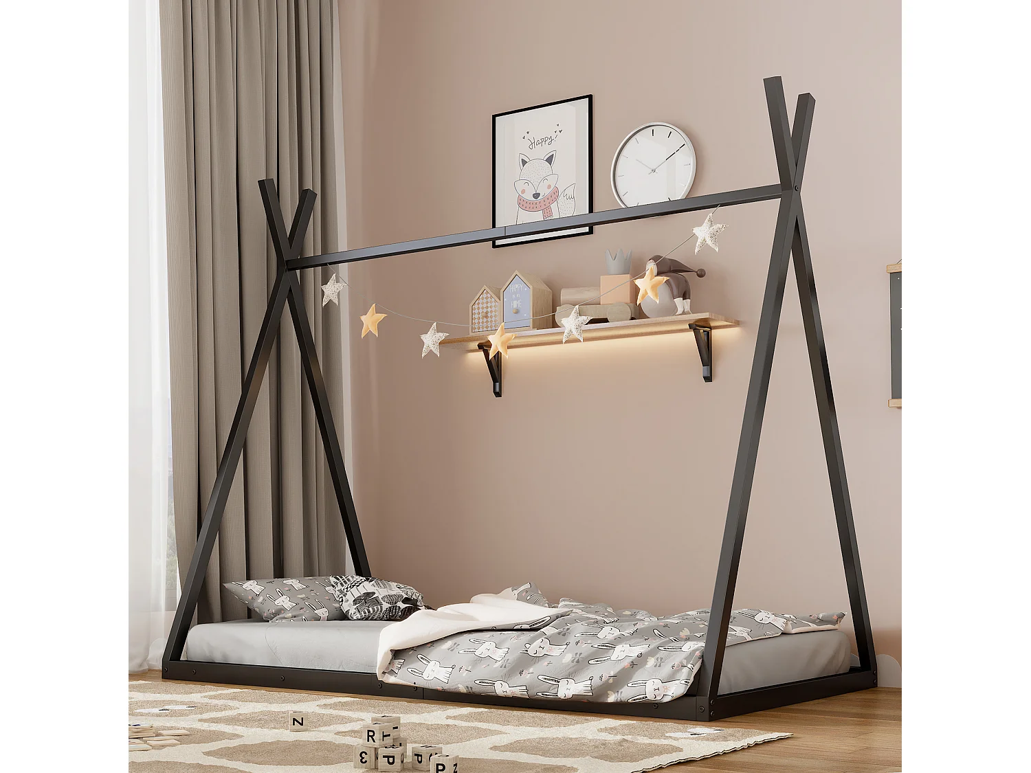 Tipi bed 90 x 200 cm in metaal voor baby's - driehoekige vorm - lattenbodem - zwart