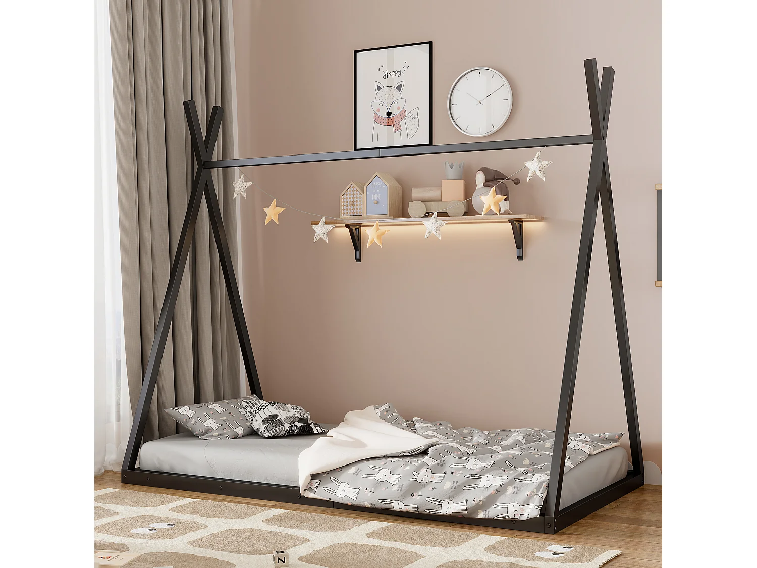 Tipi bed 90 x 200 cm in metaal voor baby's - driehoekige vorm - lattenbodem - zwart