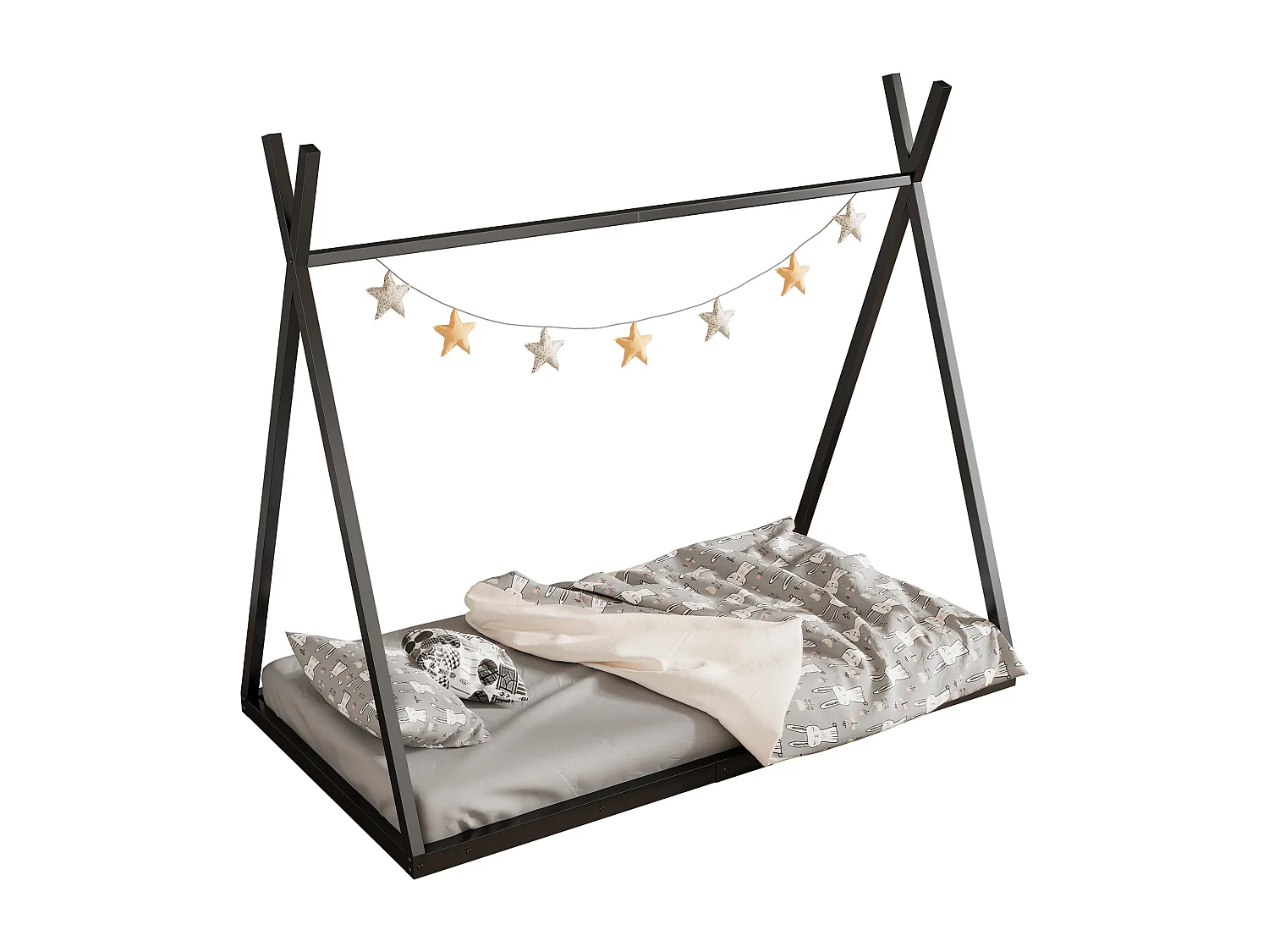 Tipi bed 90 x 200 cm in metaal voor baby's - driehoekige vorm - lattenbodem - zwart