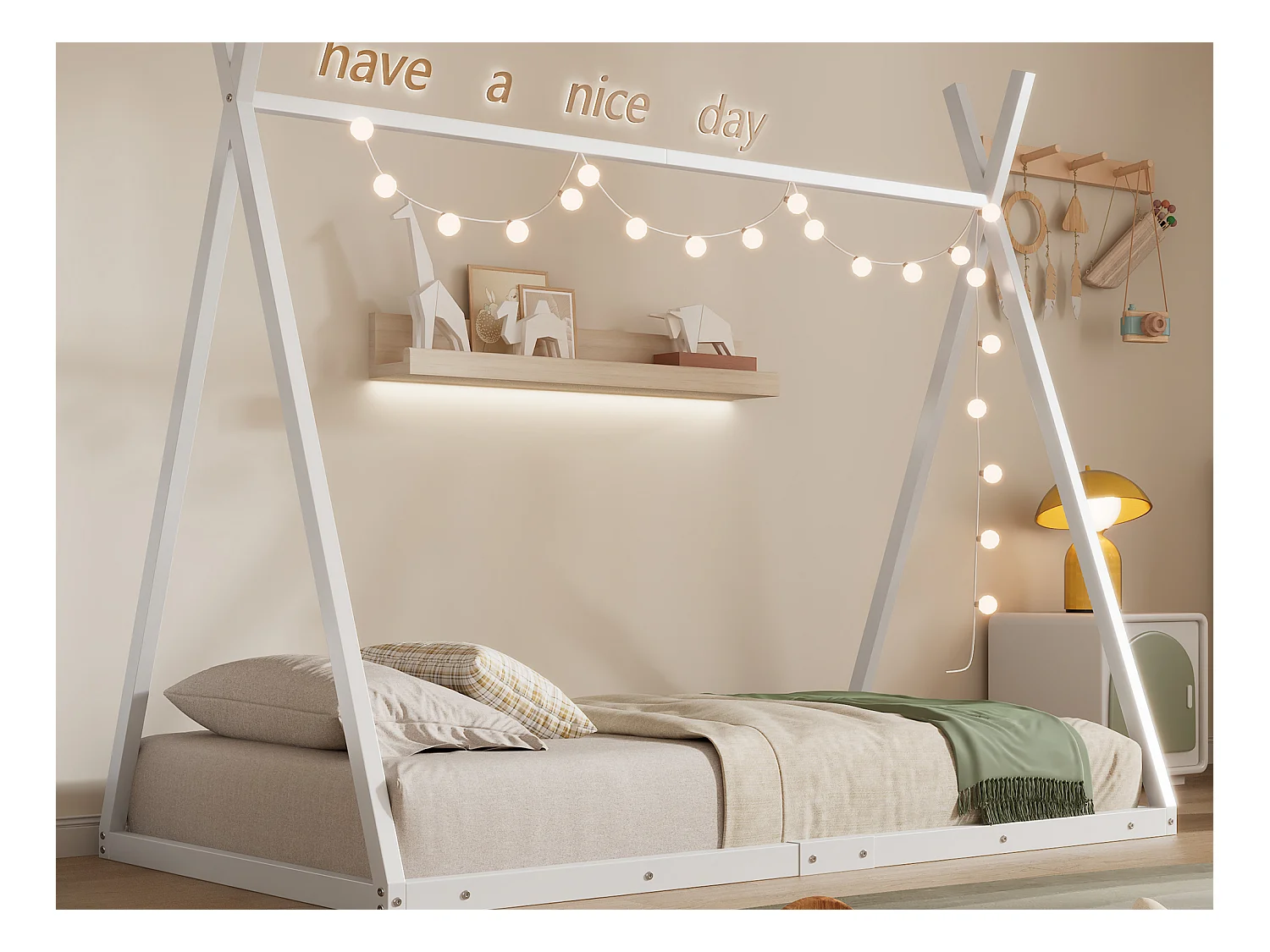 Lit tipi 90 x 200 cm en métal pour bébé - forme triangle - sommier à lattes - blanc