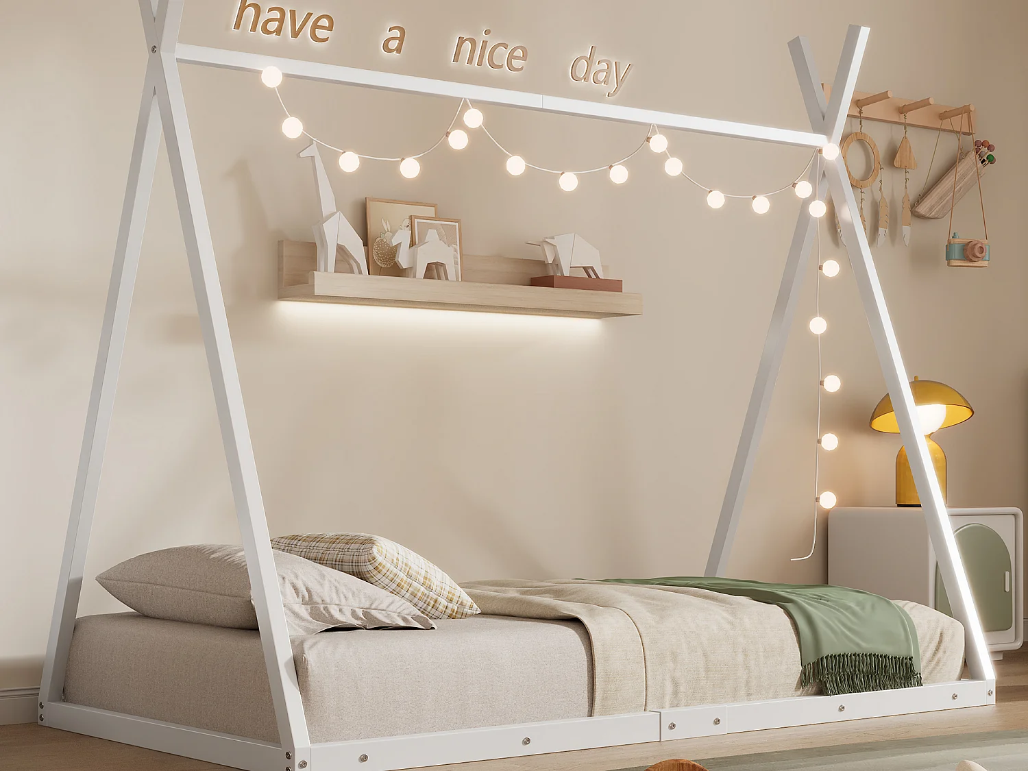 Tipi-Bett 90 x 200 cm aus Metall für Babys – Dreiecksform – Lattenrost – Weiß