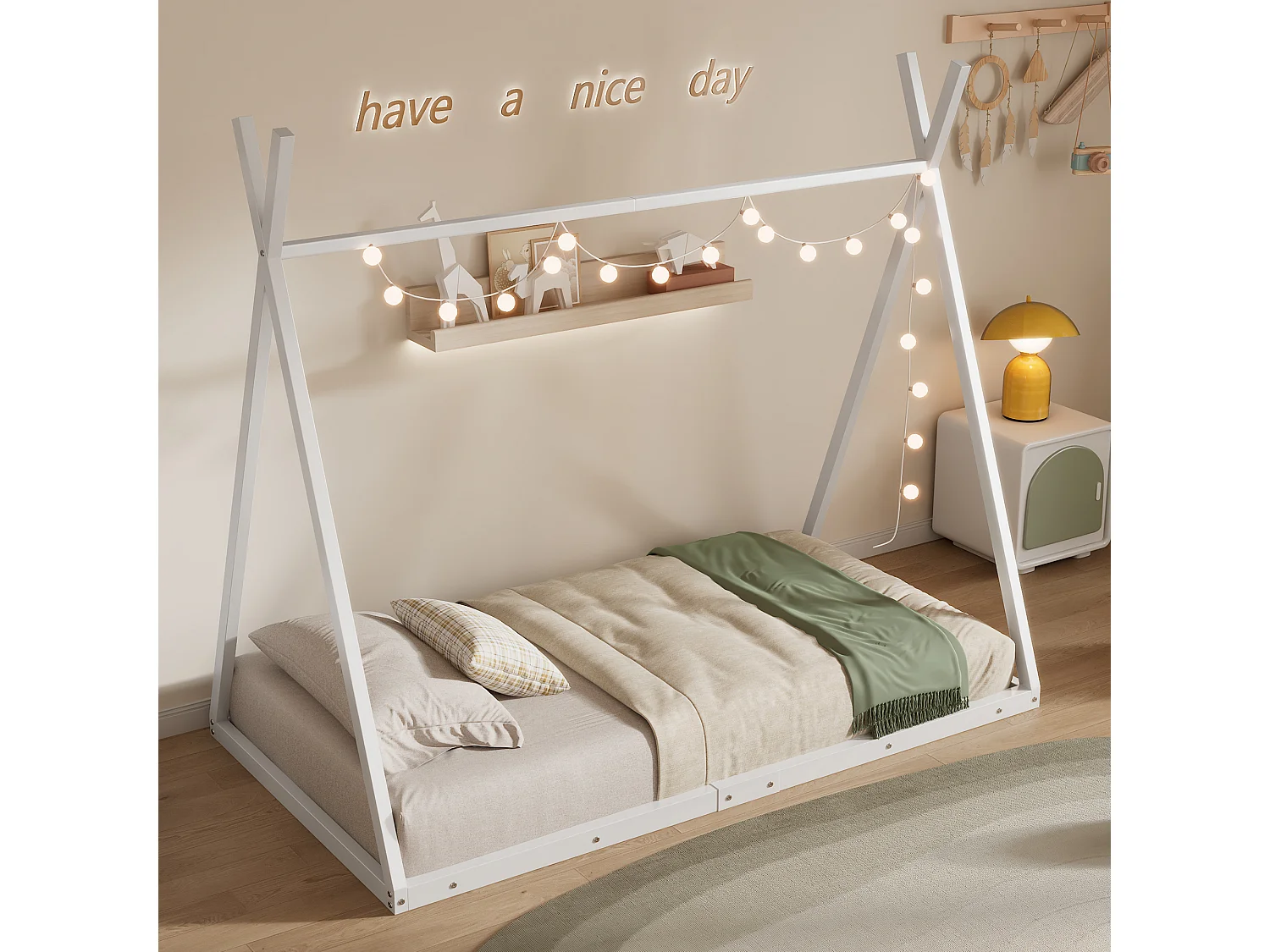 Tipi-Bett 90 x 200 cm aus Metall für Babys – Dreiecksform – Lattenrost – Weiß