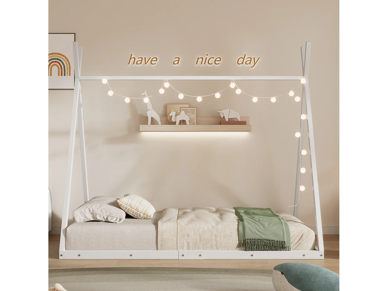 Tipi-Bett 90 x 200 cm aus Metall für Babys – Dreiecksform – Lattenrost – Weiß