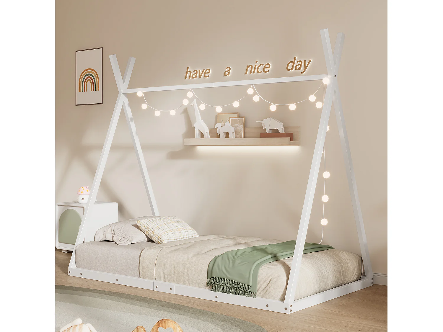 Tipi-Bett 90 x 200 cm aus Metall für Babys – Dreiecksform – Lattenrost – Weiß