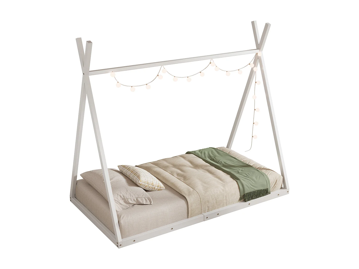 Tipi-Bett 90 x 200 cm aus Metall für Babys – Dreiecksform – Lattenrost – Weiß